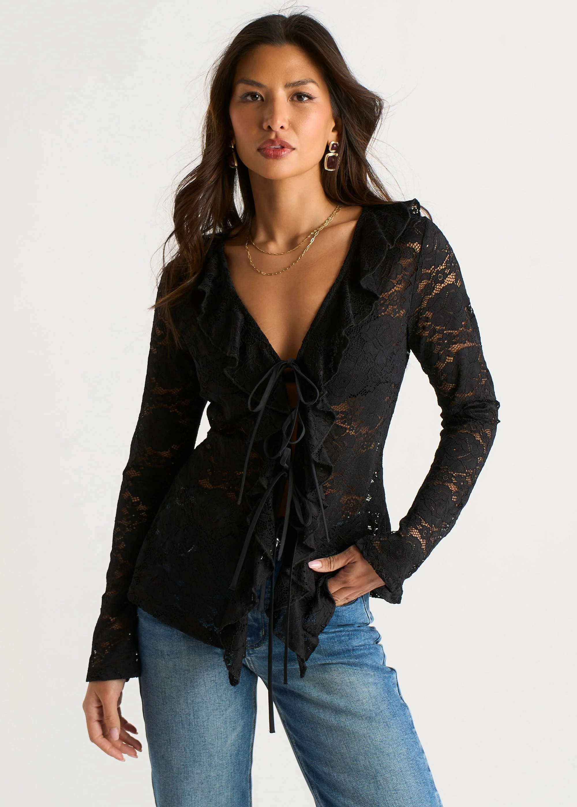 Gini London Black Jersey Lace Ruffle Tie Front Blouse