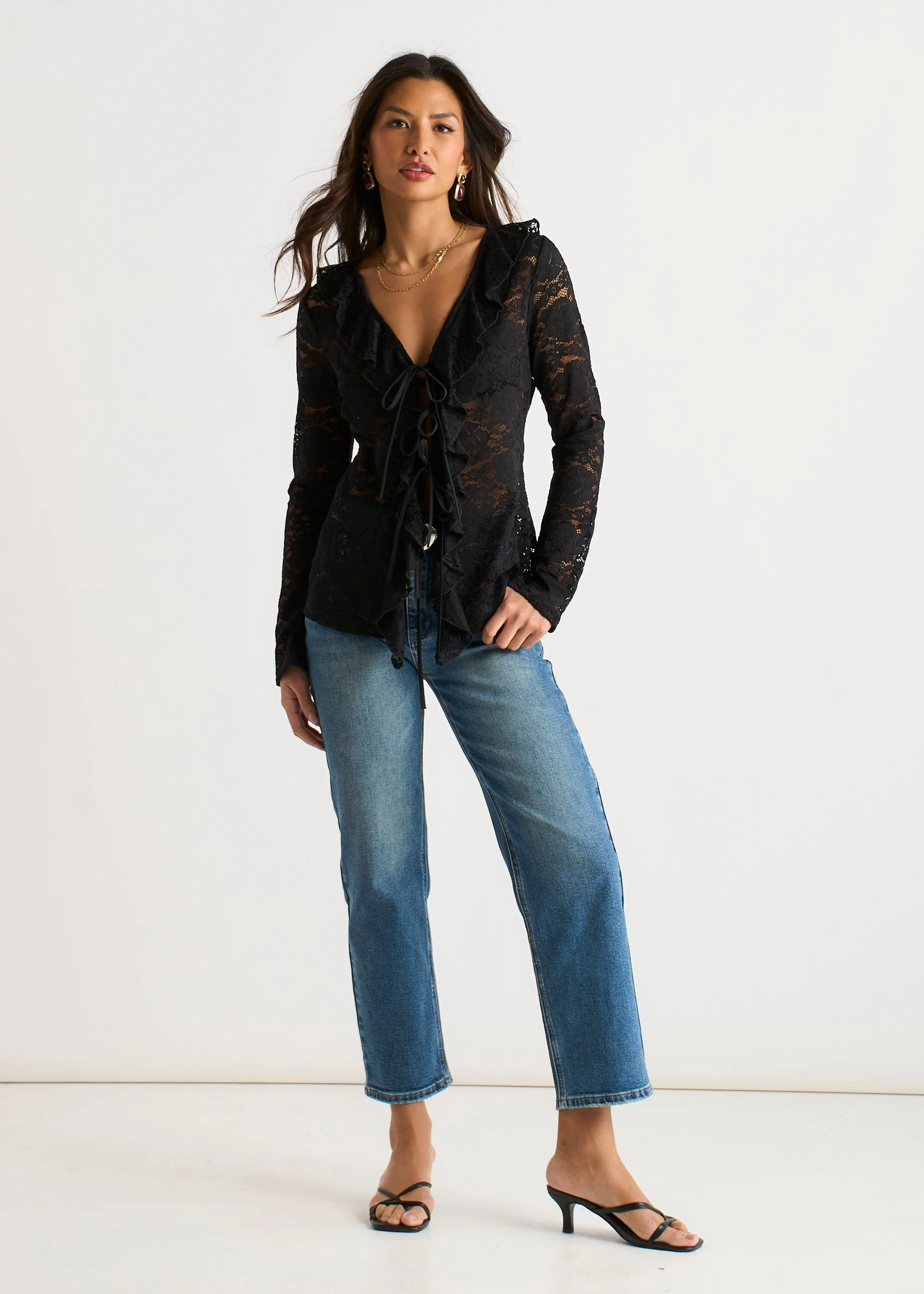 Gini London Black Jersey Lace Ruffle Tie Front Blouse - Image 2