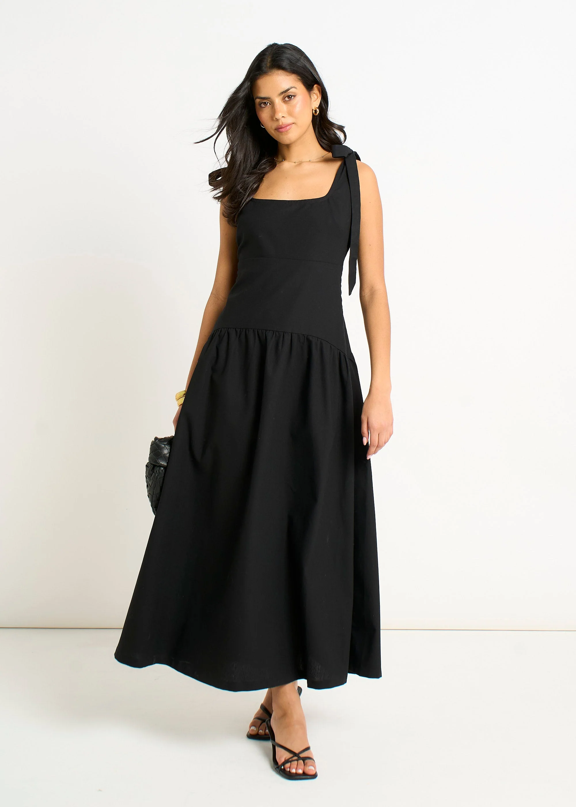 Gini London Black Linen Mix Drop Waist Midi Dress - Image 5