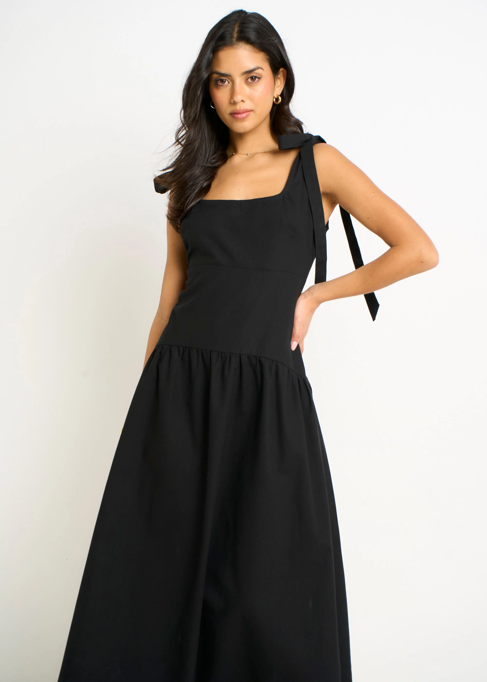 Gini London Black Linen Mix Drop Waist Midi Dress - Image 7