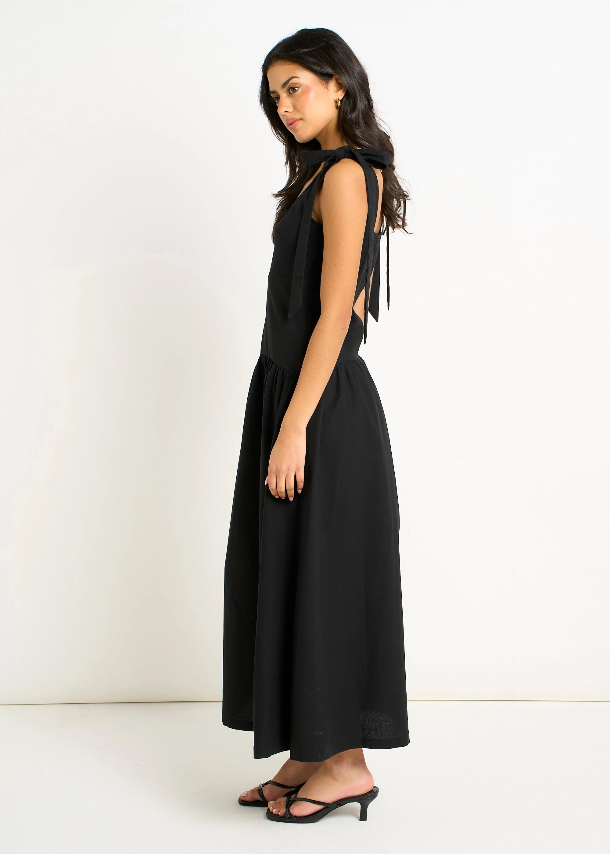 Gini London Black Linen Mix Drop Waist Midi Dress - Image 8