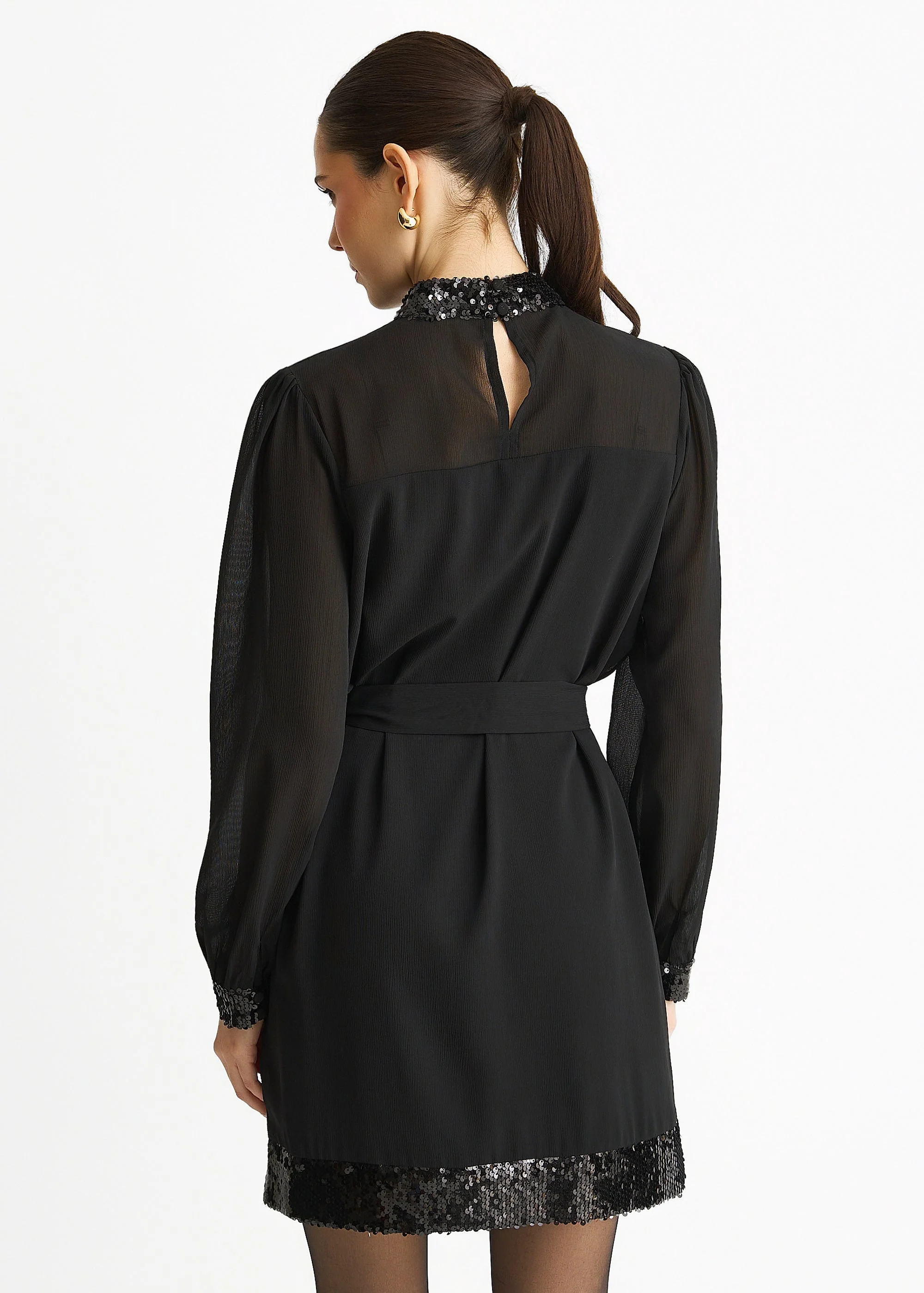 Gini London Black Sequin Trim High Neck Belted Mini Dress - Image 2