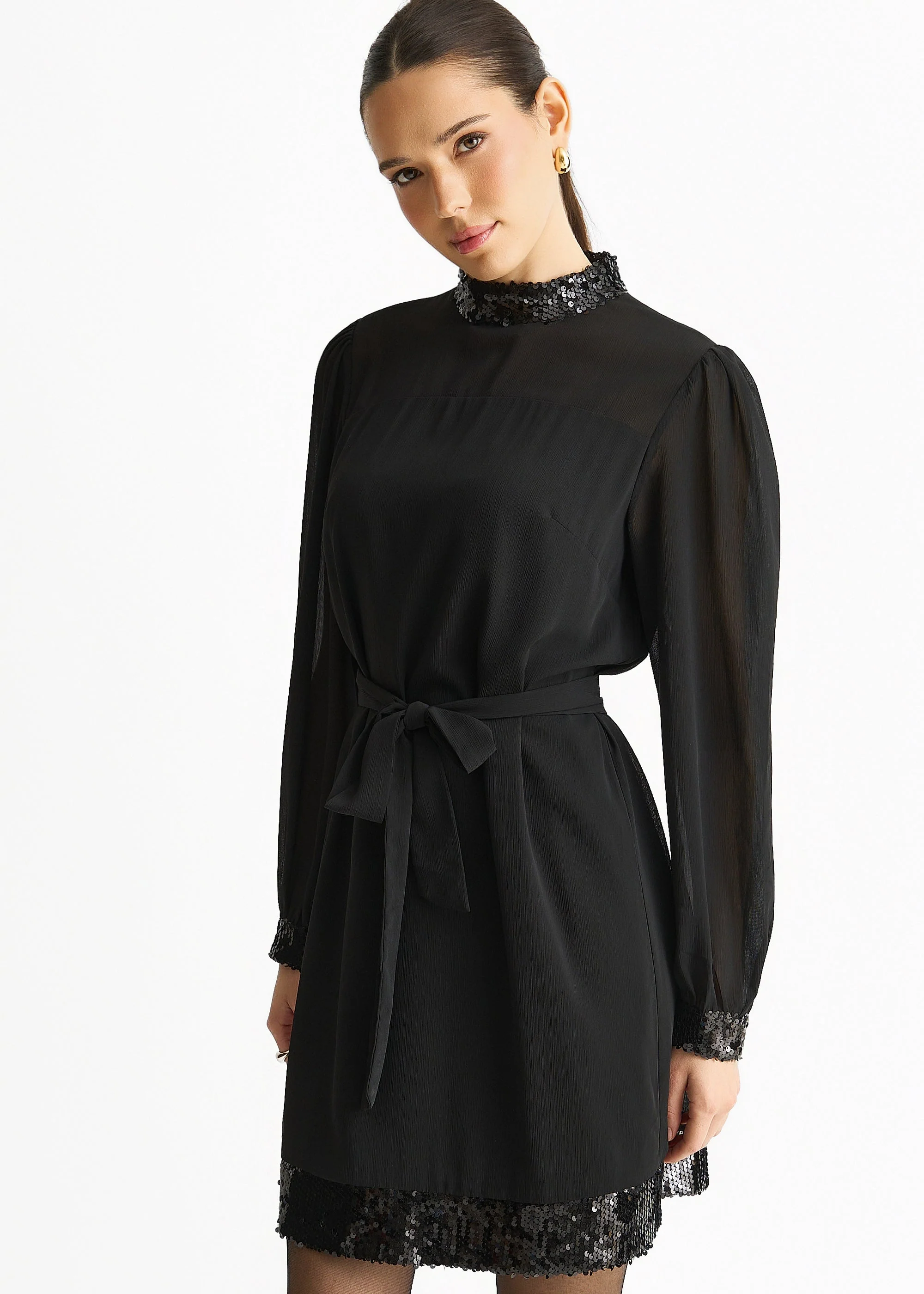 Gini London Black Sequin Trim High Neck Belted Mini Dress - Image 3