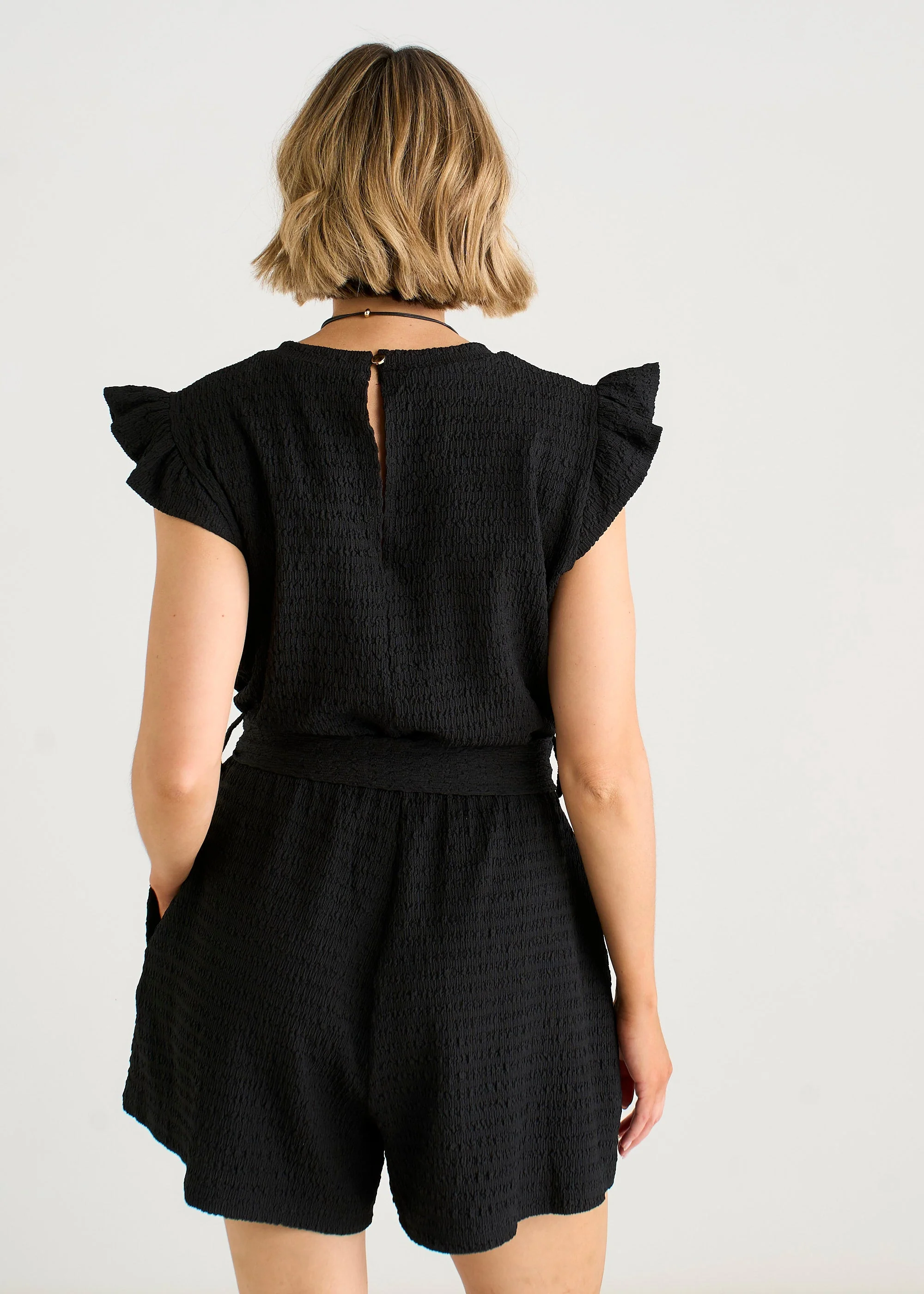 Gini London Black Stretch Texture Frill Elasticated Waist Playsuit - Image 2