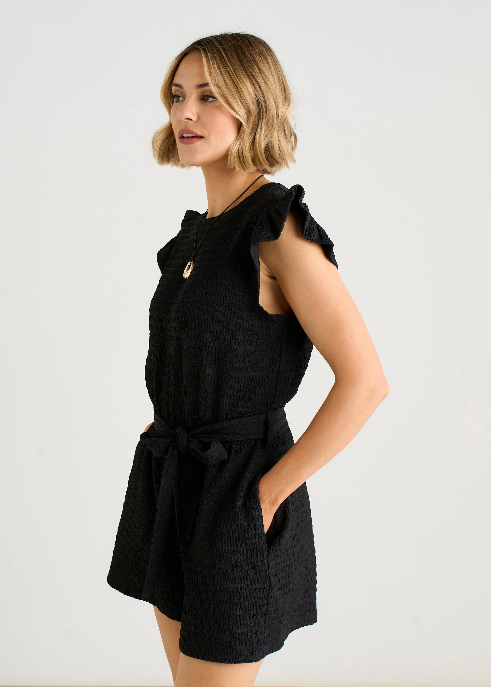 Gini London Black Stretch Texture Frill Elasticated Waist Playsuit - Image 3