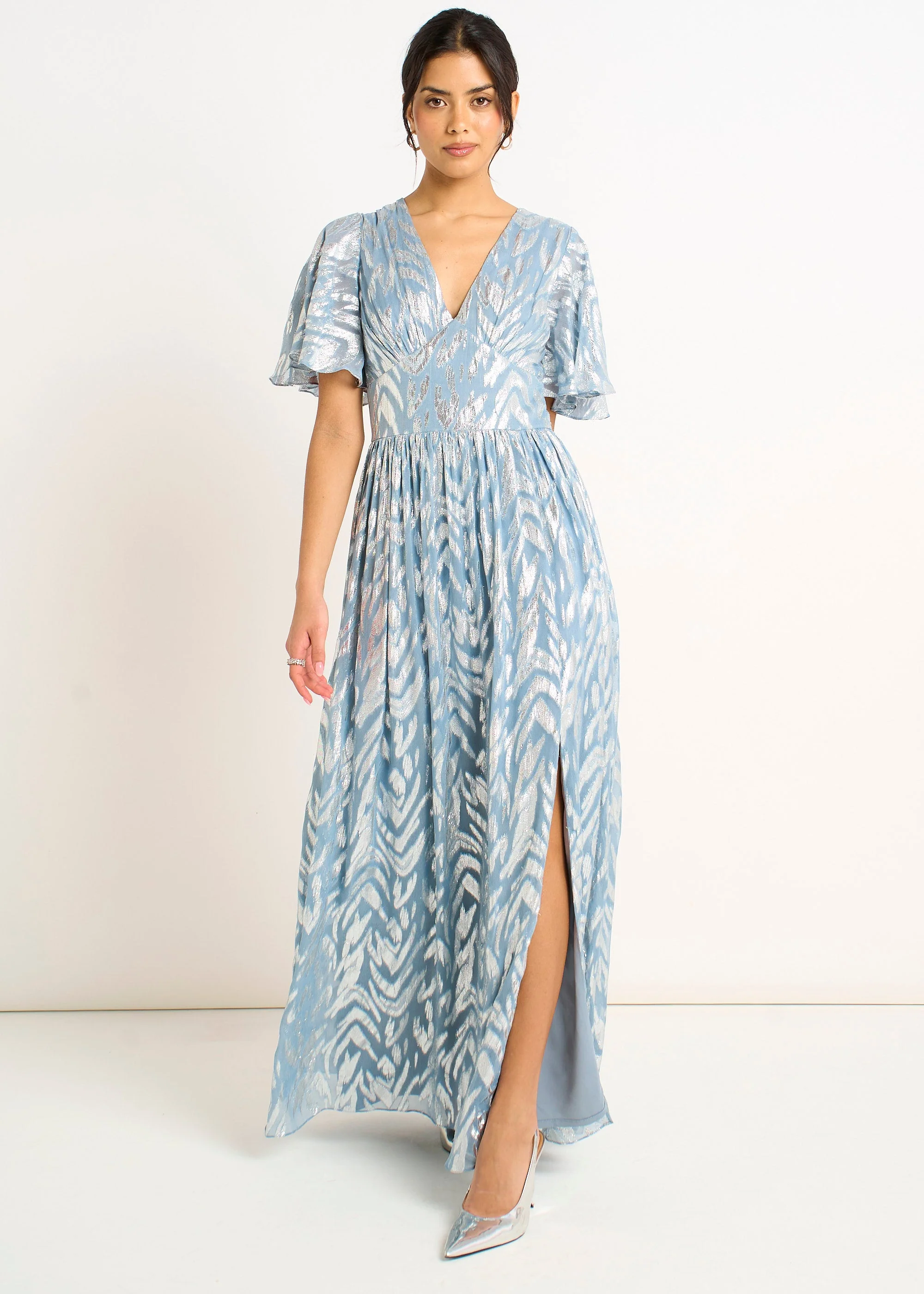 Gini London Blue Foil Metallic Print Short Sleeves Maxi Dress - Image 5