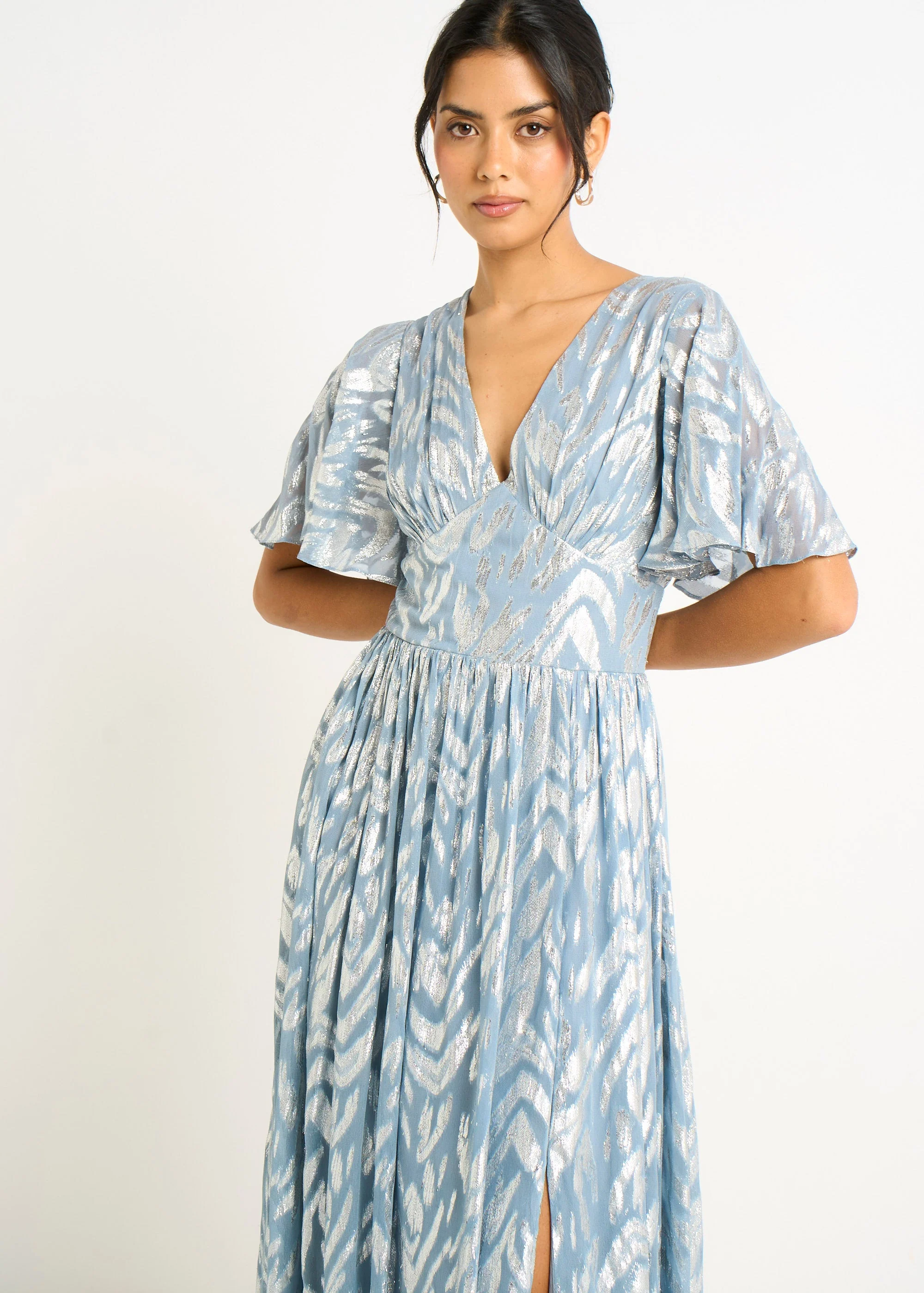 Gini London Blue Foil Metallic Print Short Sleeves Maxi Dress - Image 7