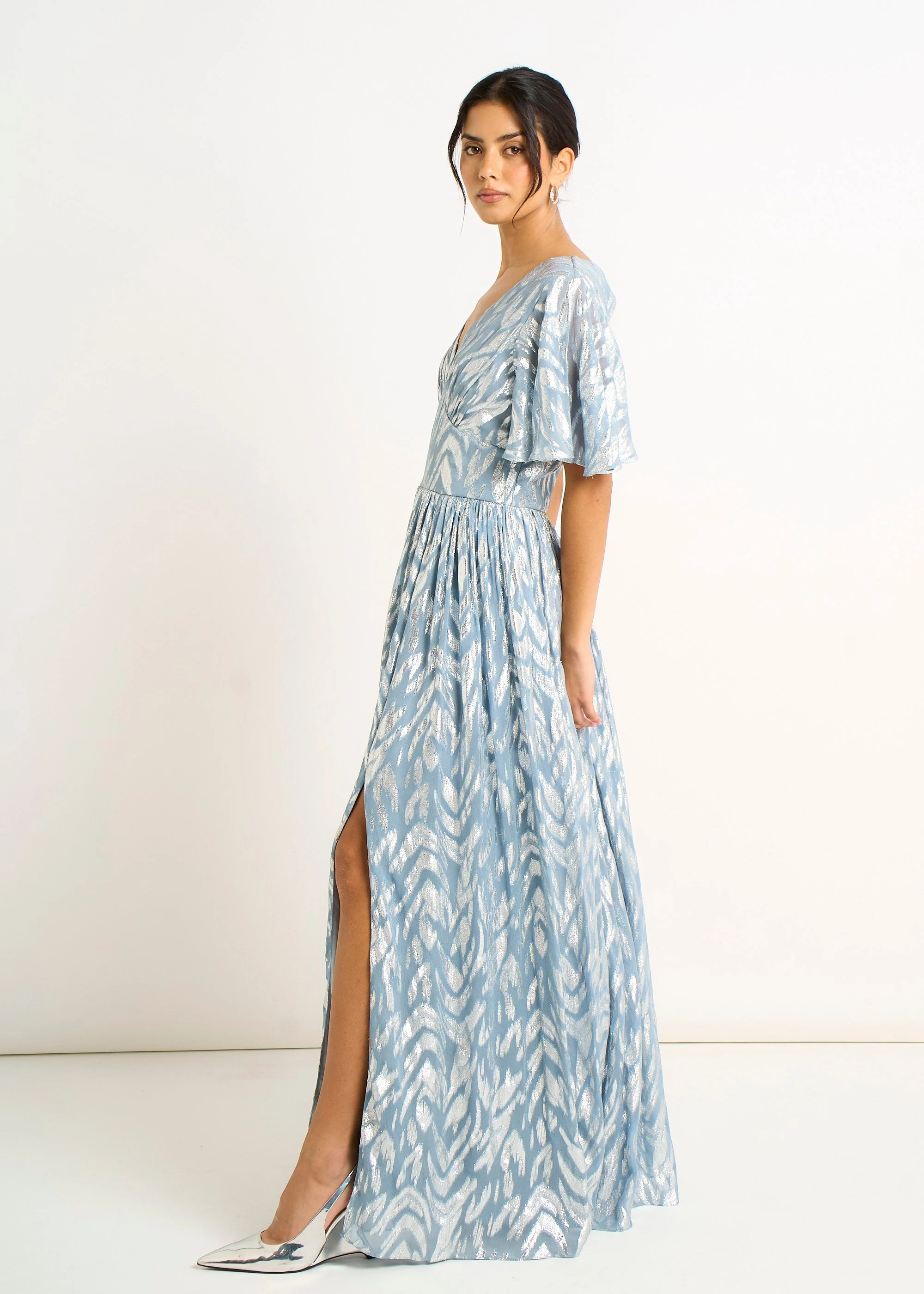 Gini London Blue Foil Metallic Print Short Sleeves Maxi Dress - Image 8