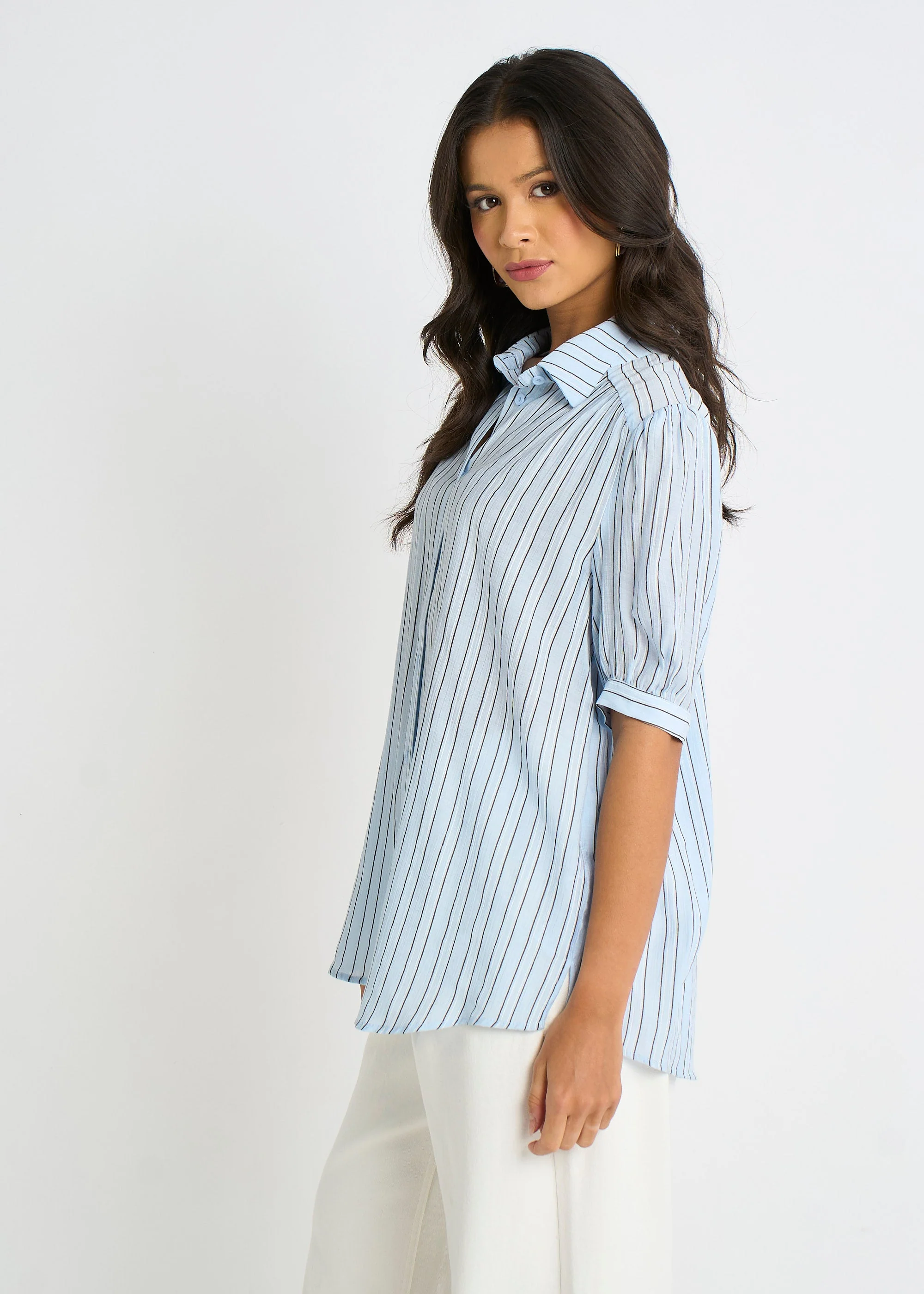 Gini London Blue Pinstripe Soft Touch Puff Sleeves Shirt - Image 4