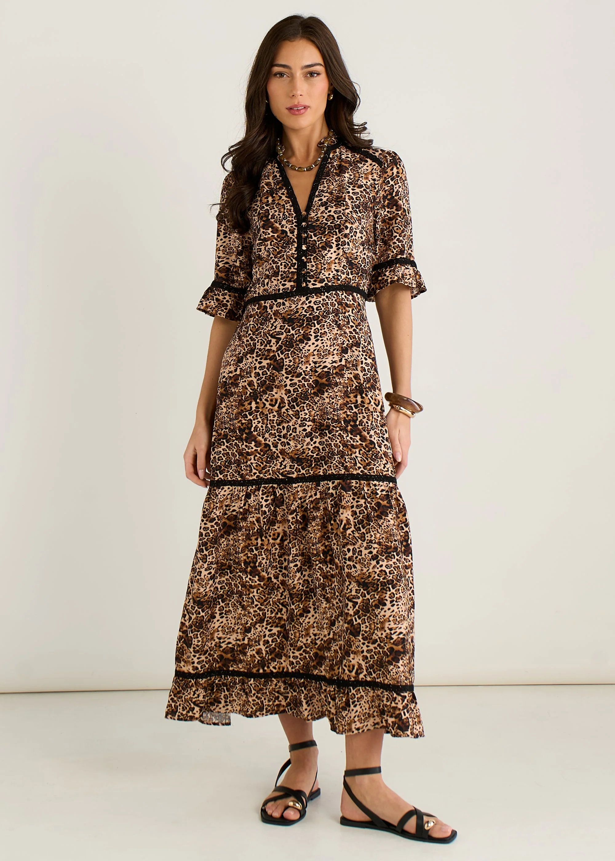 Gini London Brown Animal Print Lace Trim Tiered Midi Dress