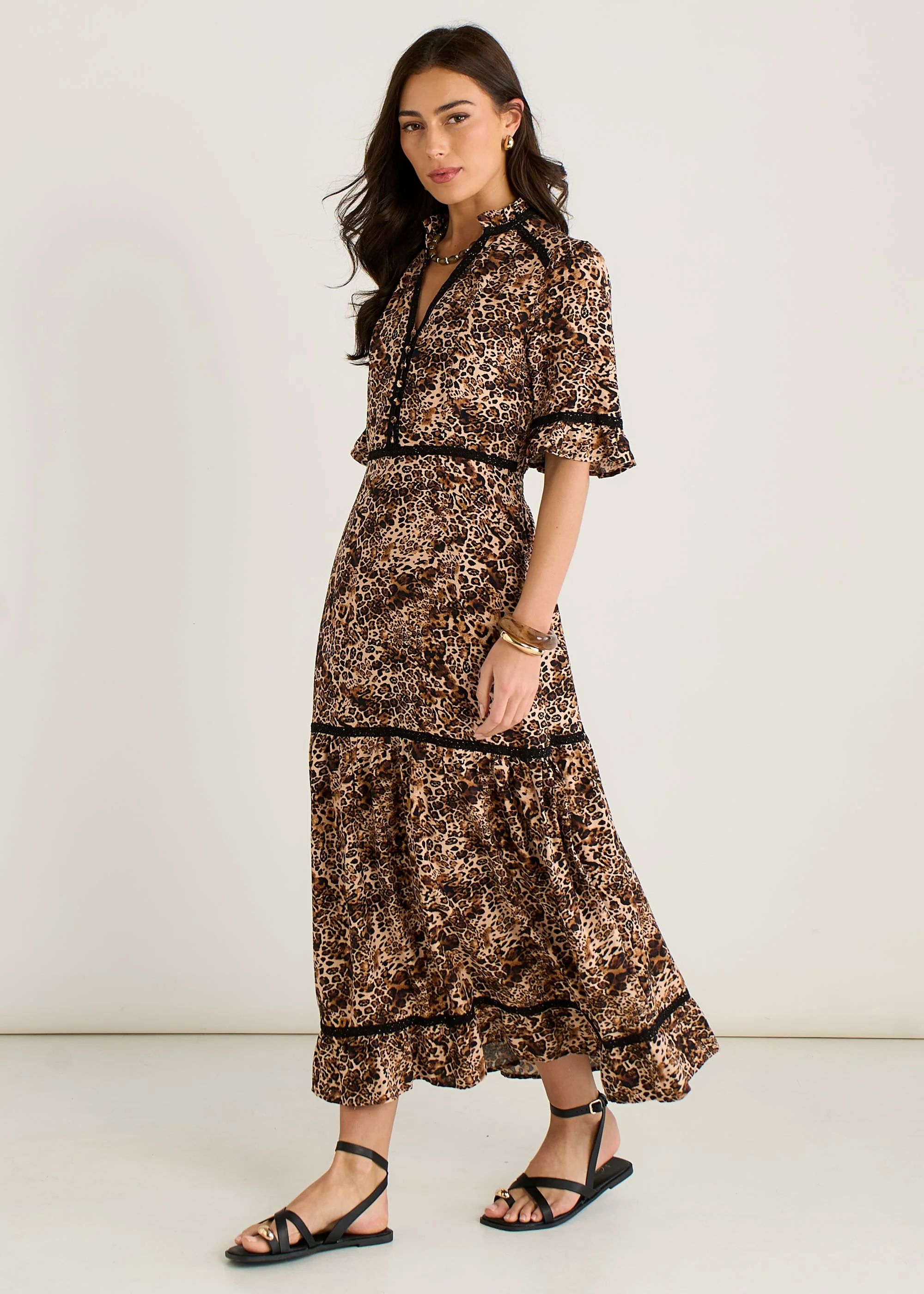 Gini London Brown Animal Print Lace Trim Tiered Midi Dress - Image 4