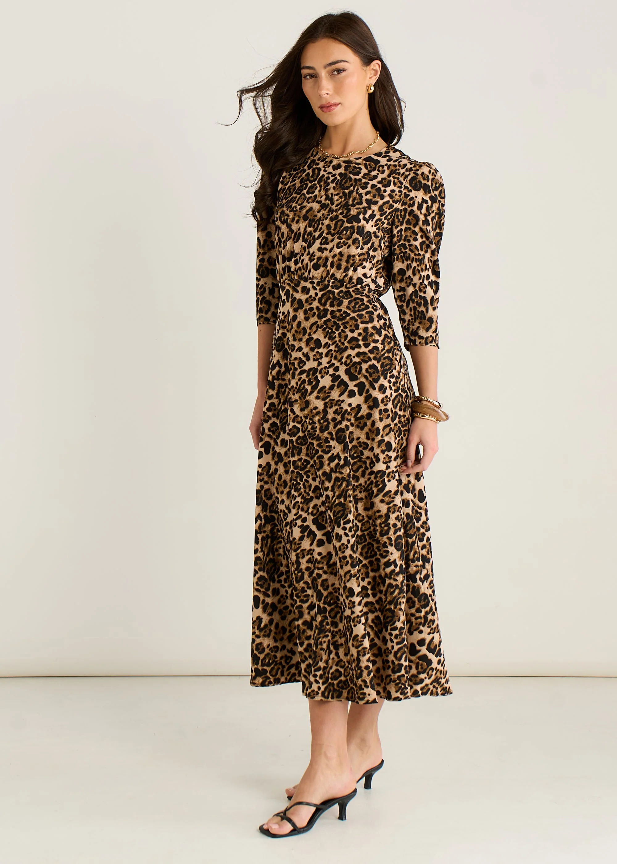 Gini London Brown Animal Print Satin Shift Midi Dress - Image 4