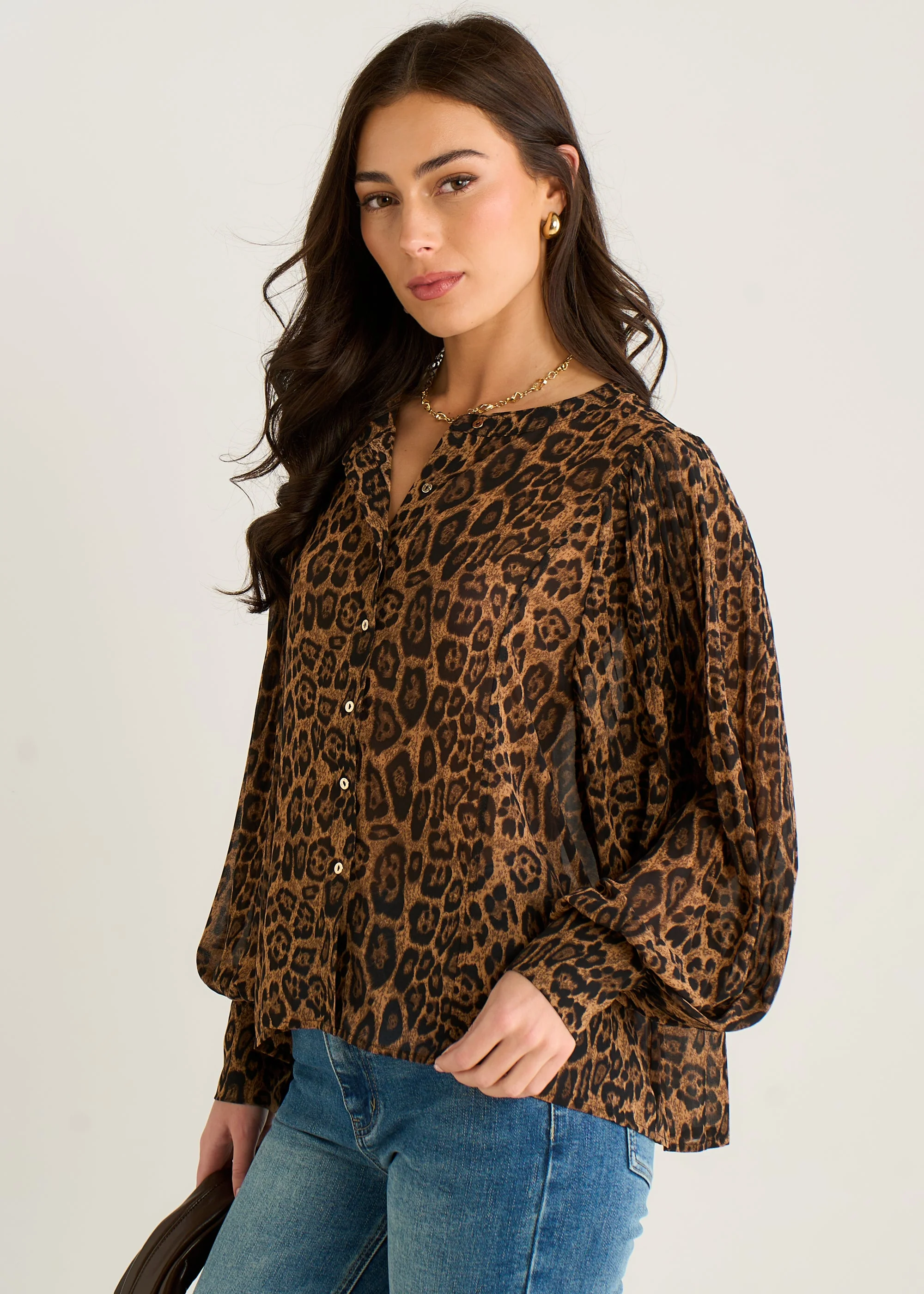 Gini London Brown Chiffon Animal Print Pleated Shift Shirt Blouse - Image 4