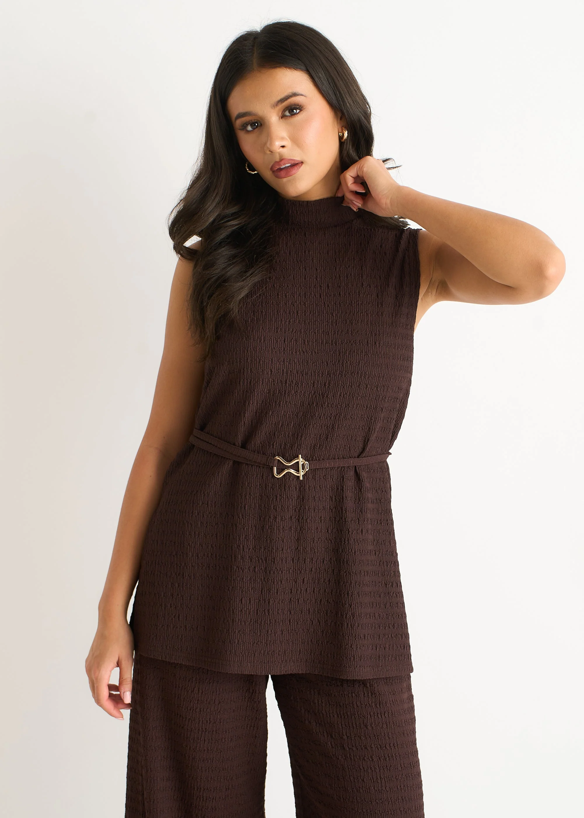 Gini London Chocolate Textured Belted Sleeveless Jersey Tabard Top