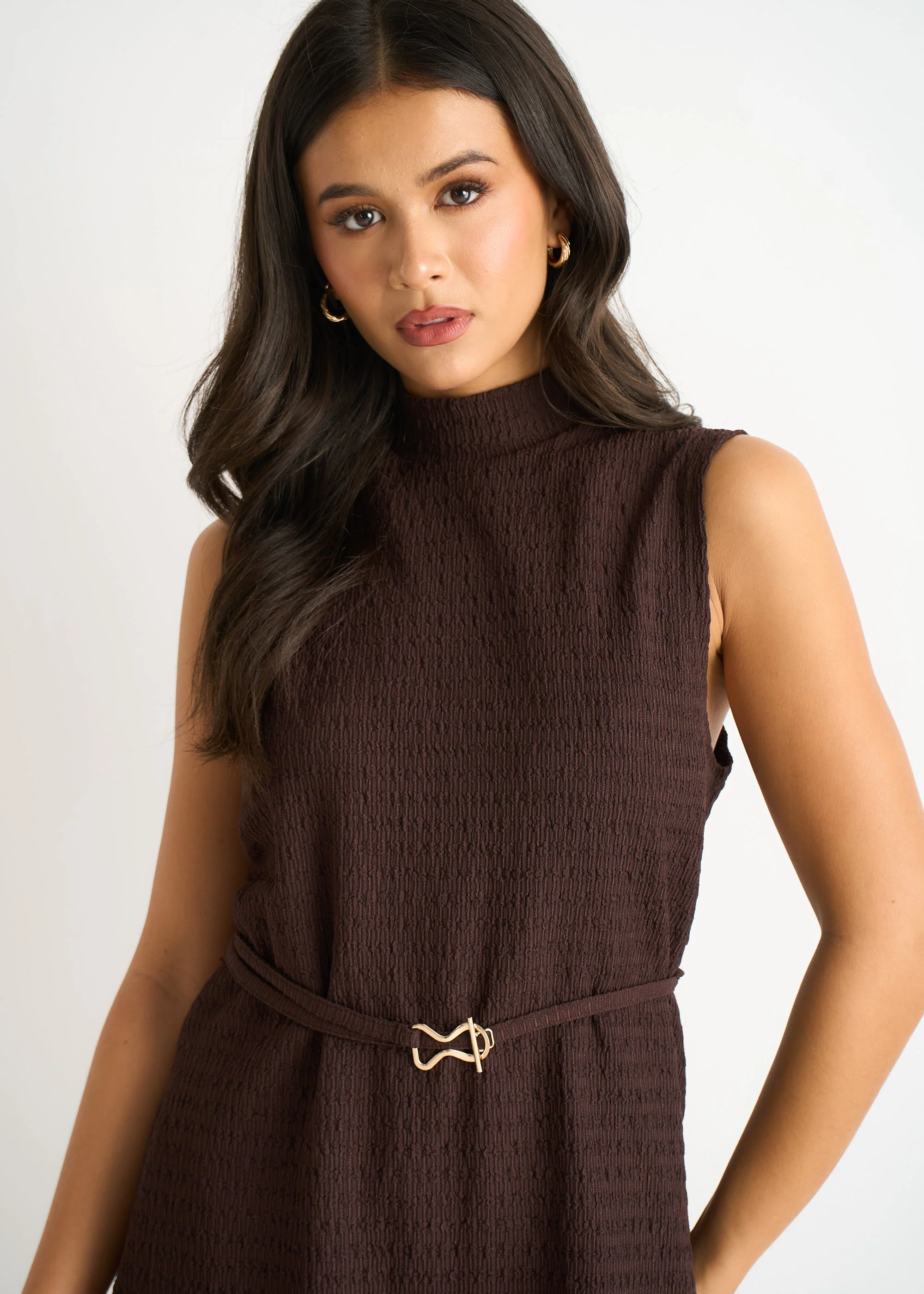 Gini London Chocolate Textured Belted Sleeveless Jersey Tabard Top - Image 3