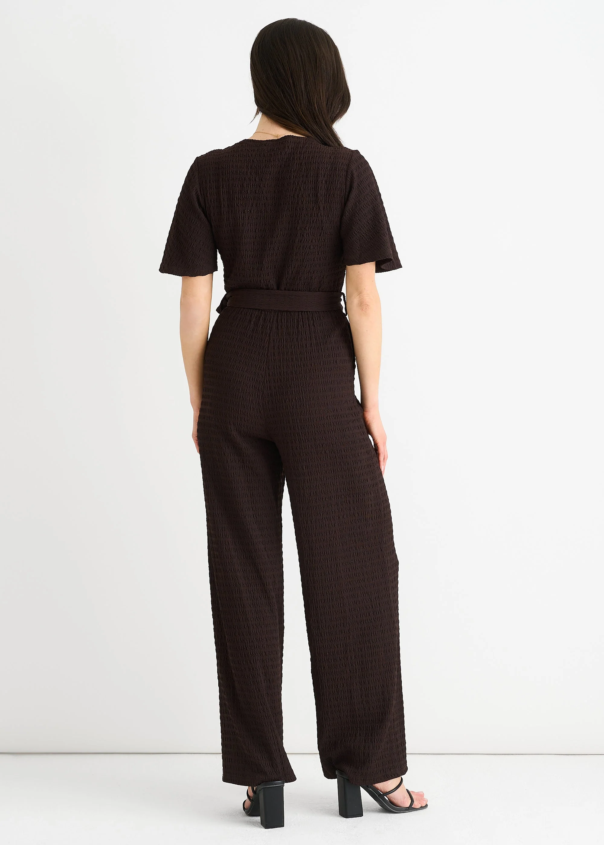 Gini London Chocolate Textured Jersey Wrap Wide Leg Jumpsuit - Image 2