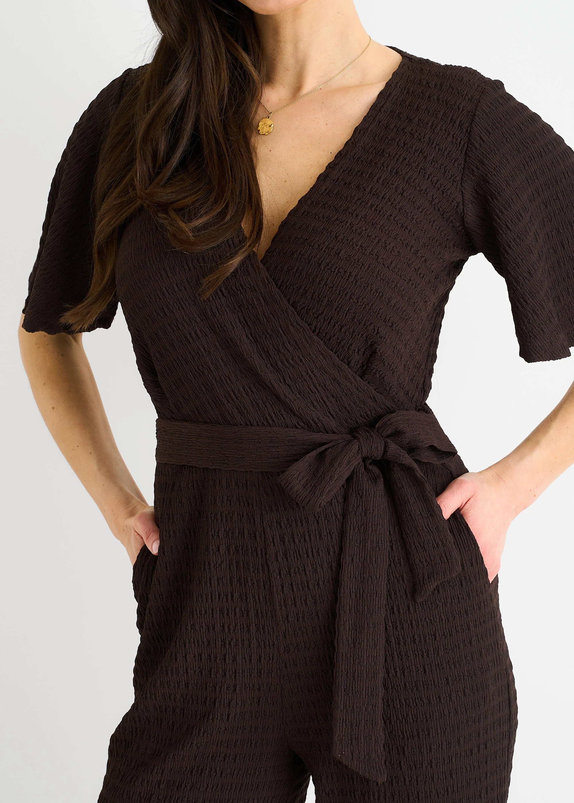 Gini London Chocolate Textured Jersey Wrap Wide Leg Jumpsuit - Image 3