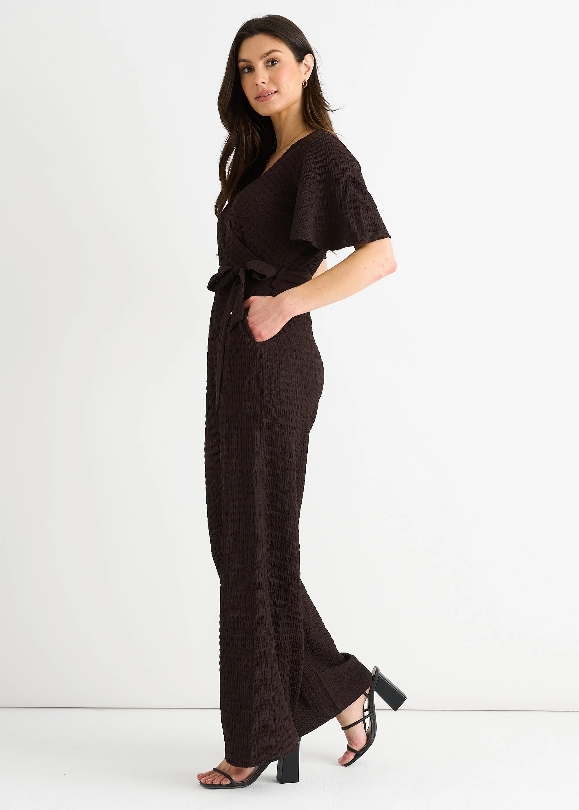 Gini London Chocolate Textured Jersey Wrap Wide Leg Jumpsuit - Image 4