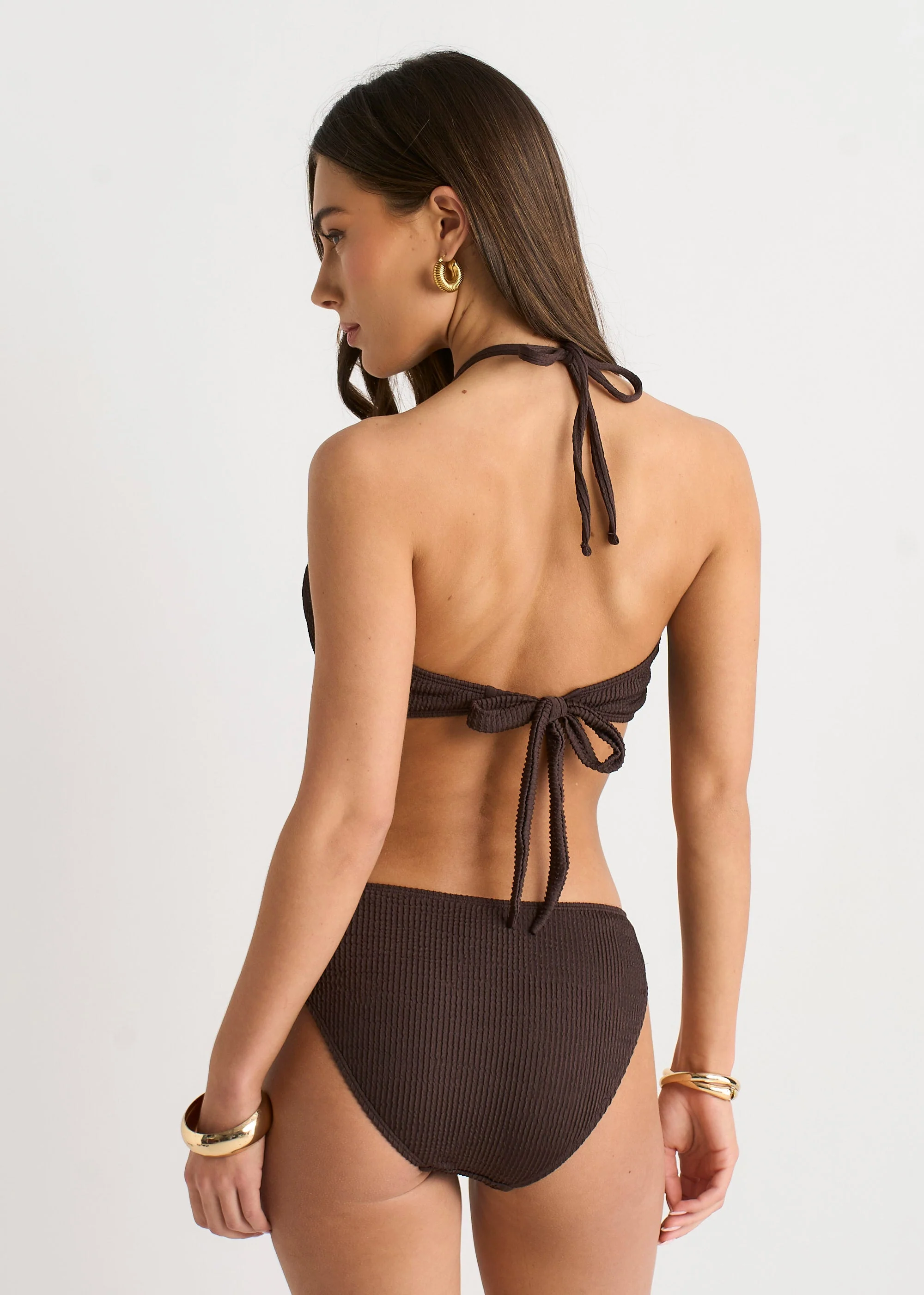 Gini London Chocolate Textured V Bar Halter Neck Bikini Top - Image 5