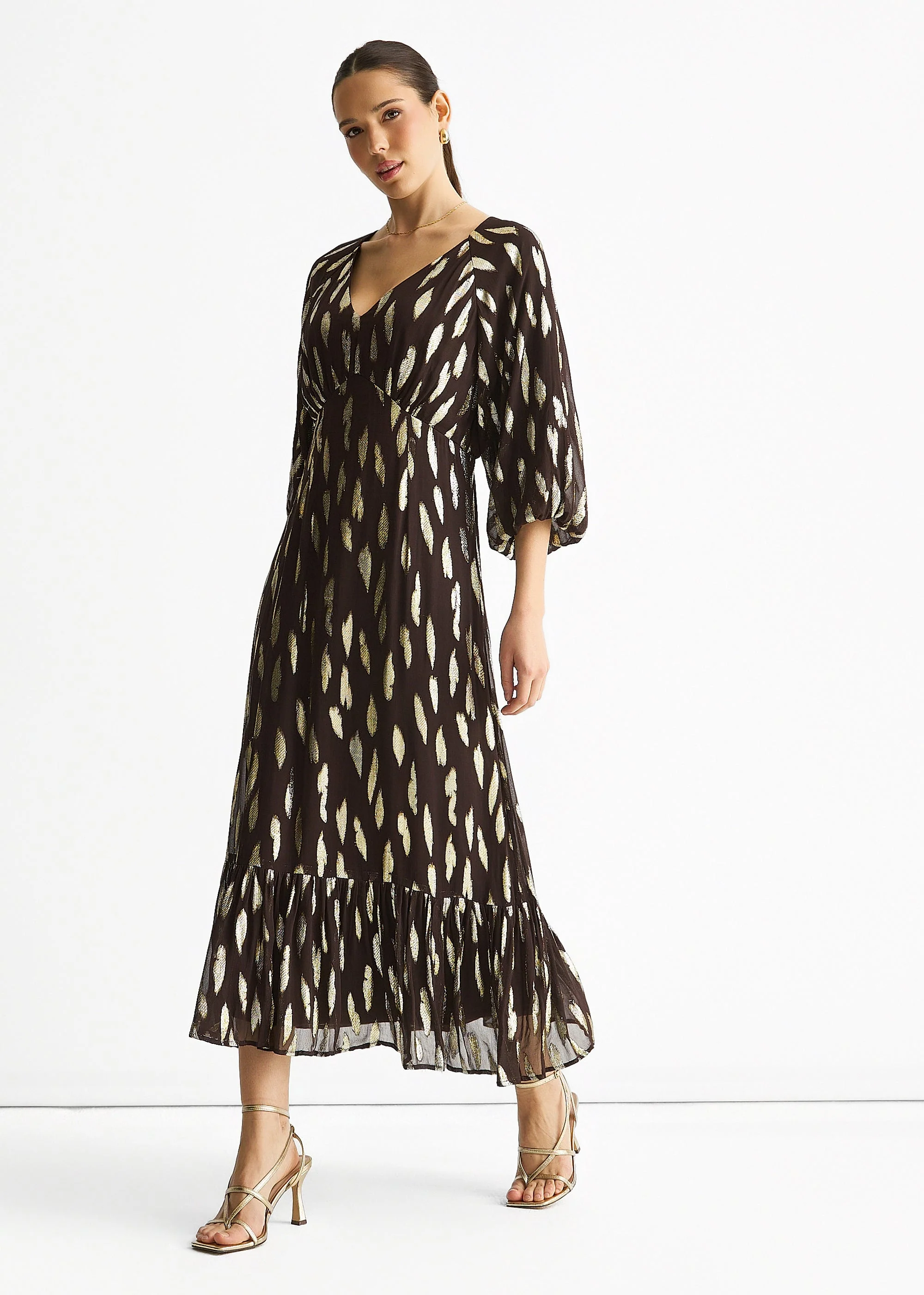 Gini London Chocolate Viscose Clipped Balloon Sleeve Maxi Dress - Image 4