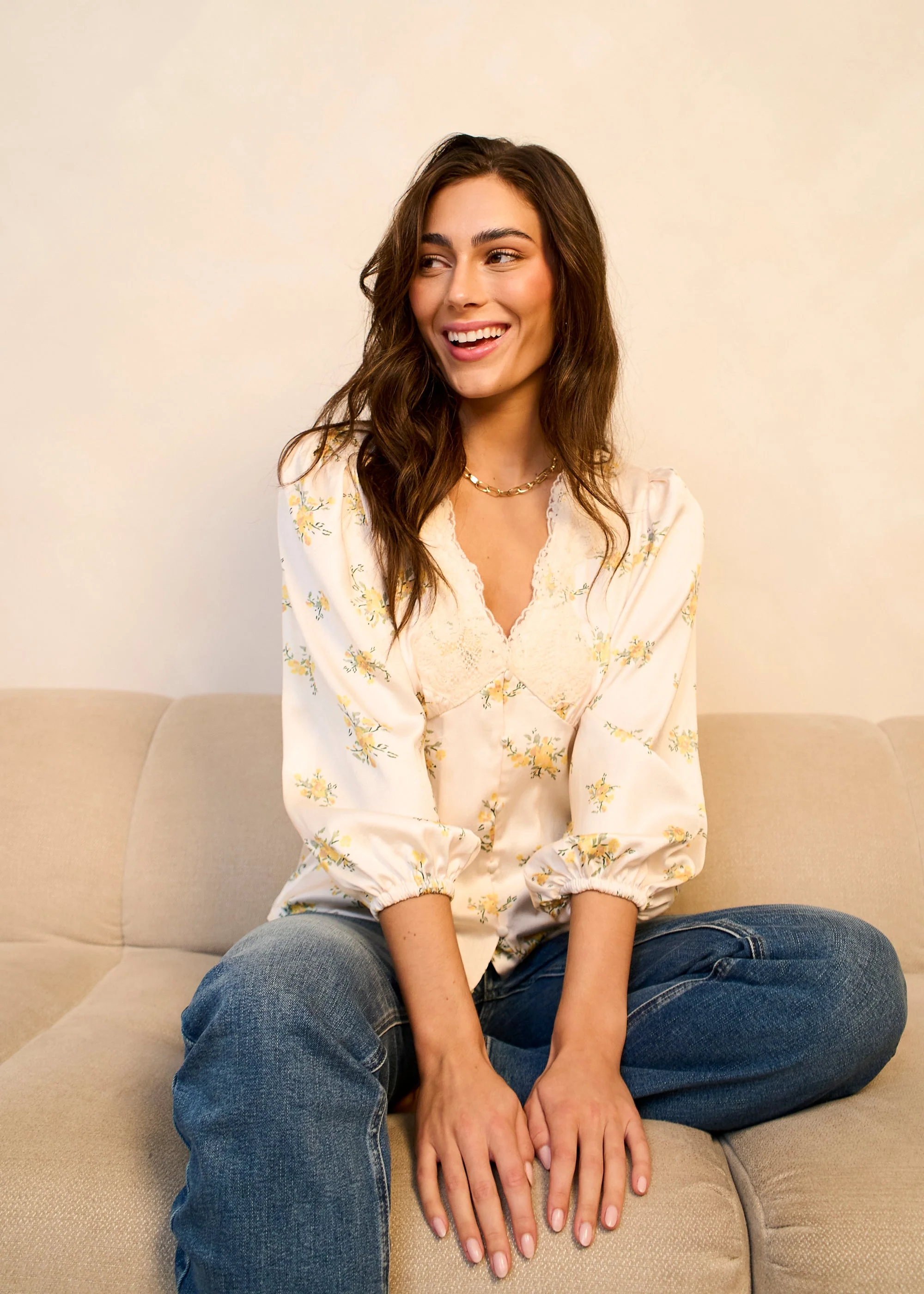 Gini London Cream Lace Trim Satin Button Through Blouse - Image 2