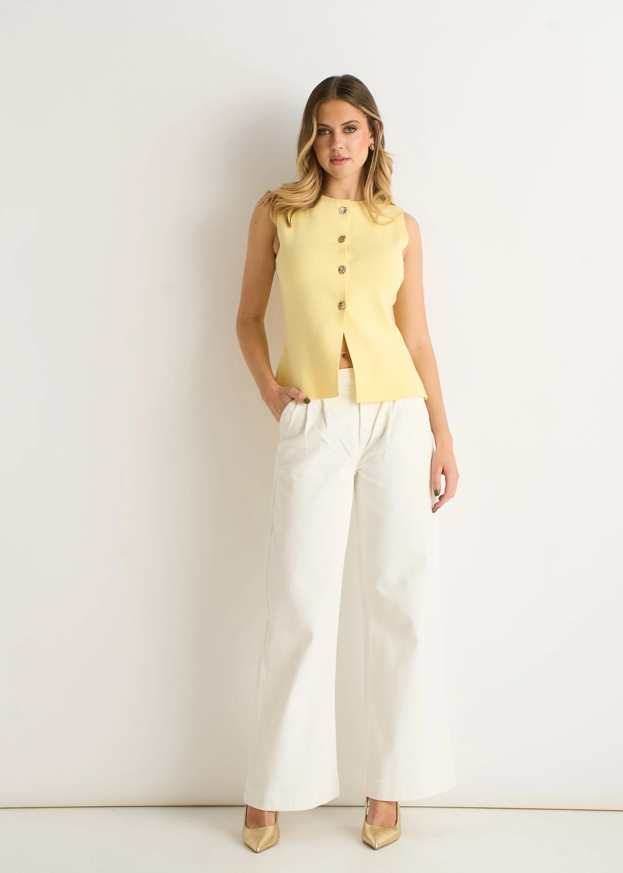 Gini London Lemon Button Front Compact Knit Waistcoat - Image 2
