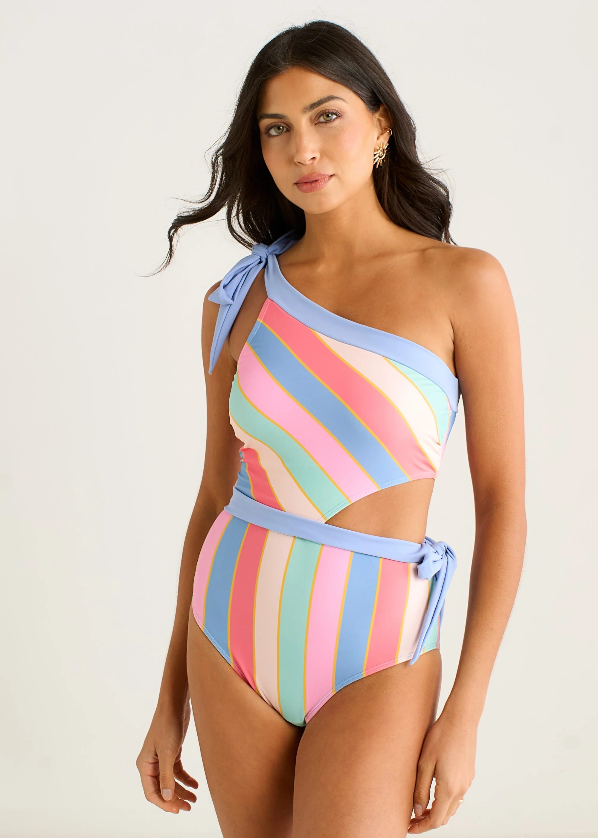 Gini London Multi Stripe Tie Detail One Shoulder Swimsuit - Image 5