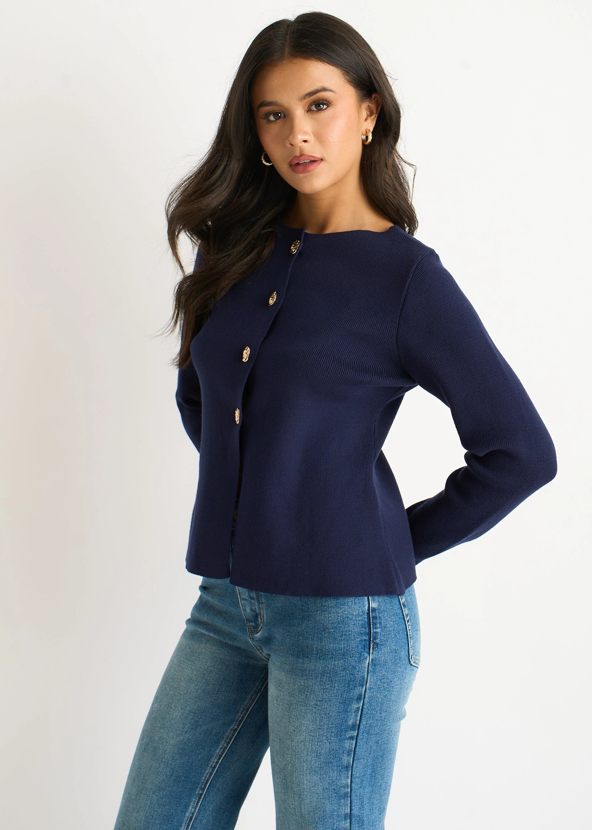 Gini London Navy Gold Buttons Ribbed Knit Cardigan - Image 3