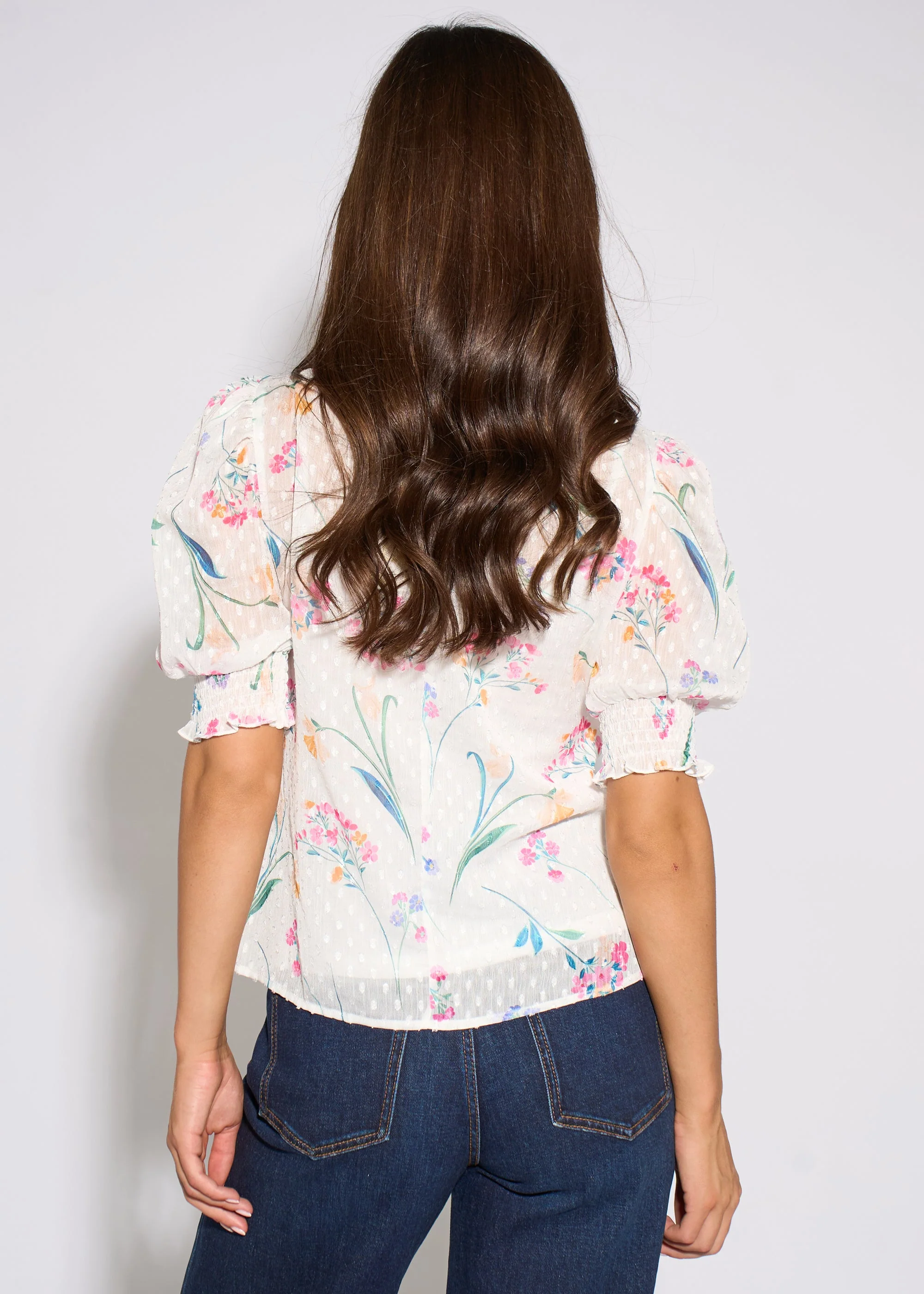 Gini London Off White Floral Dobby Chiffon Shirred Cuff Blouse - Image 2