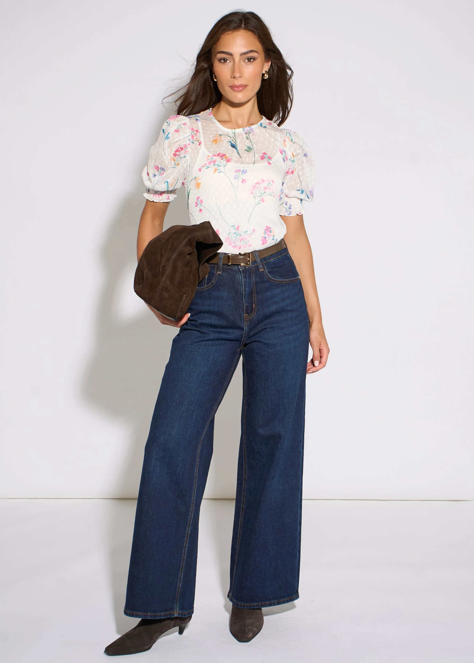 Gini London Off White Floral Dobby Chiffon Shirred Cuff Blouse - Image 3