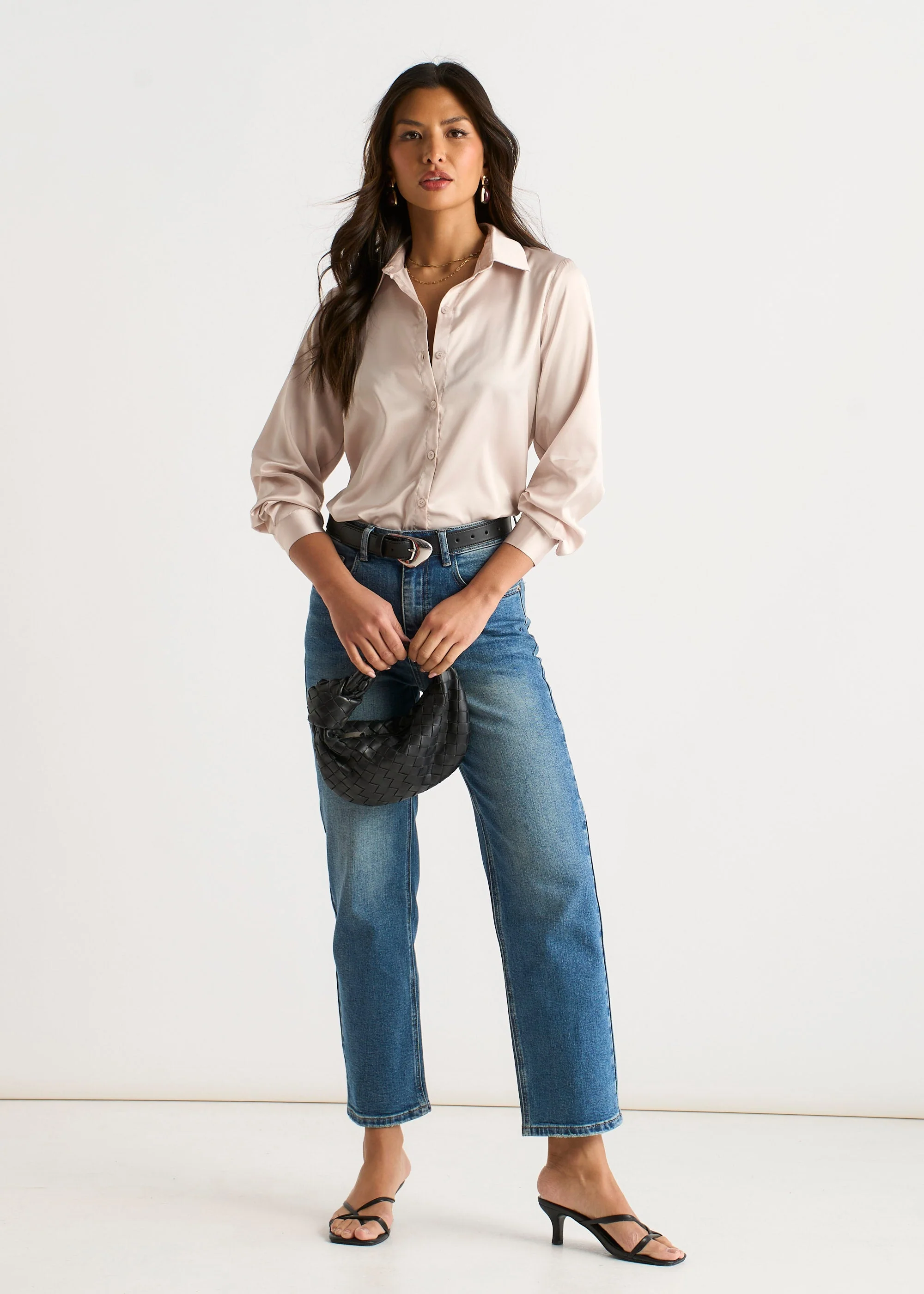 Gini London Oyster Satin Loose Fit Button Through Shirt - Image 2