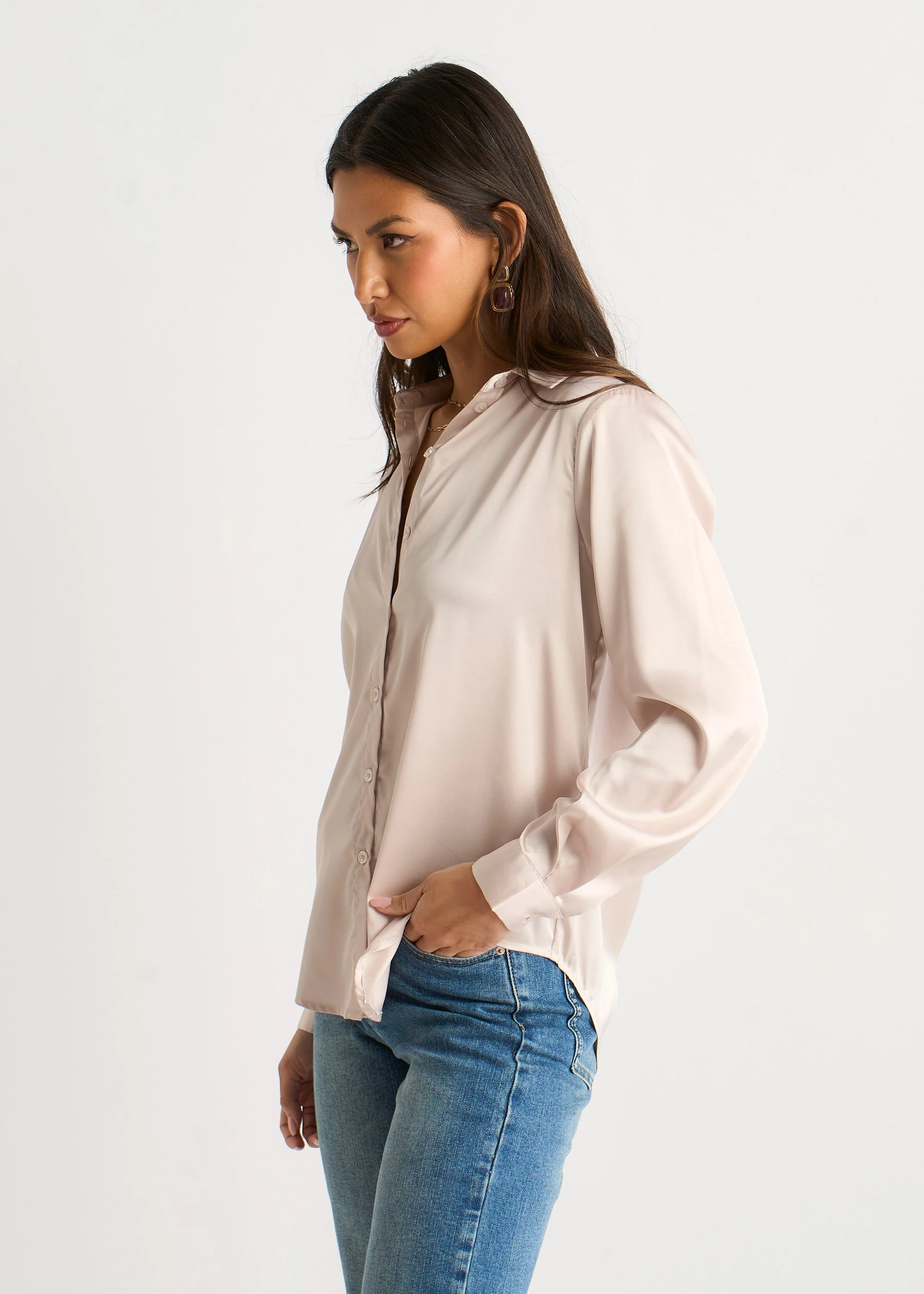 Gini London Oyster Satin Loose Fit Button Through Shirt - Image 3