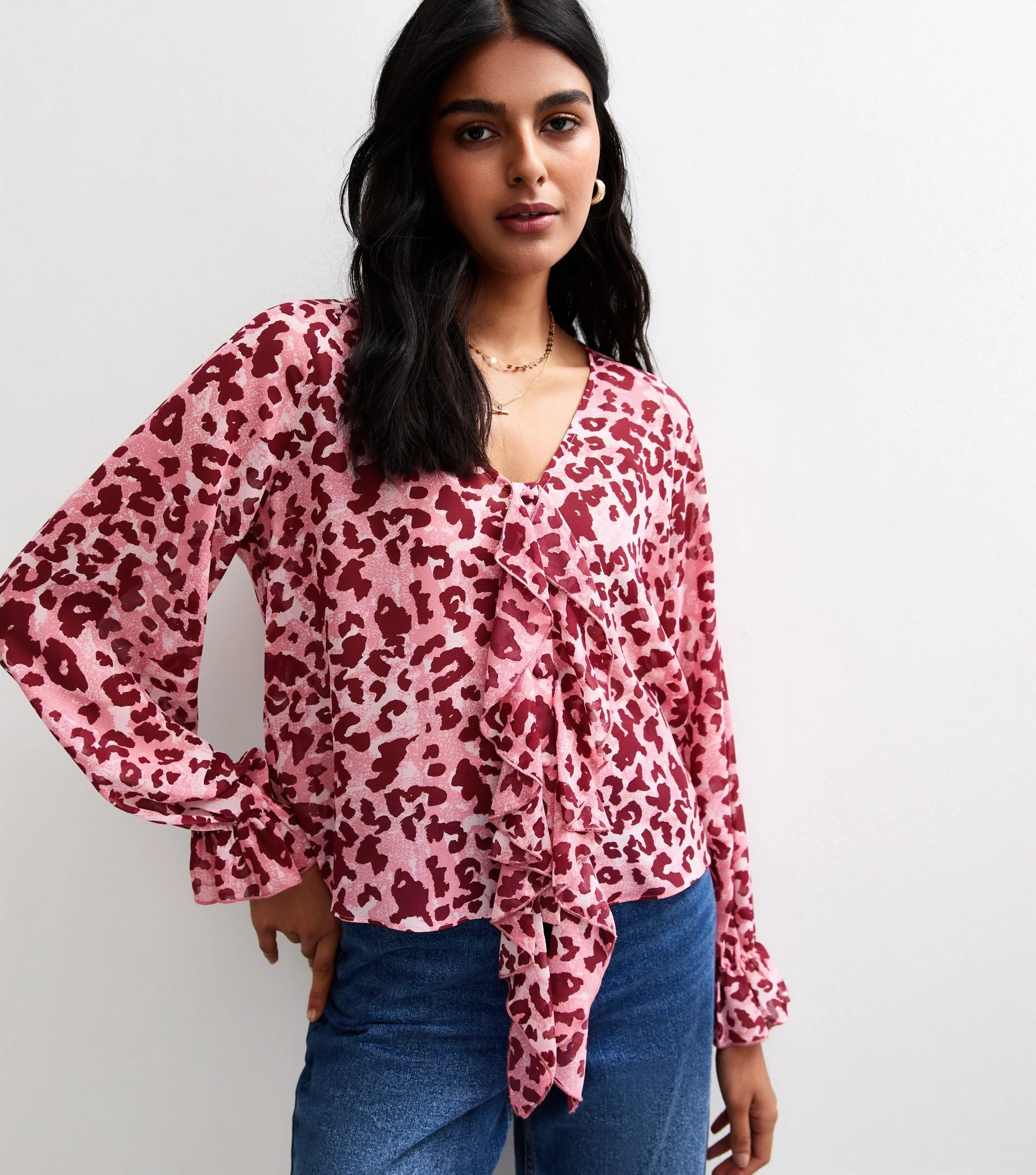 Gini London Pink Animal Print Chiffon Ruffle Blouse