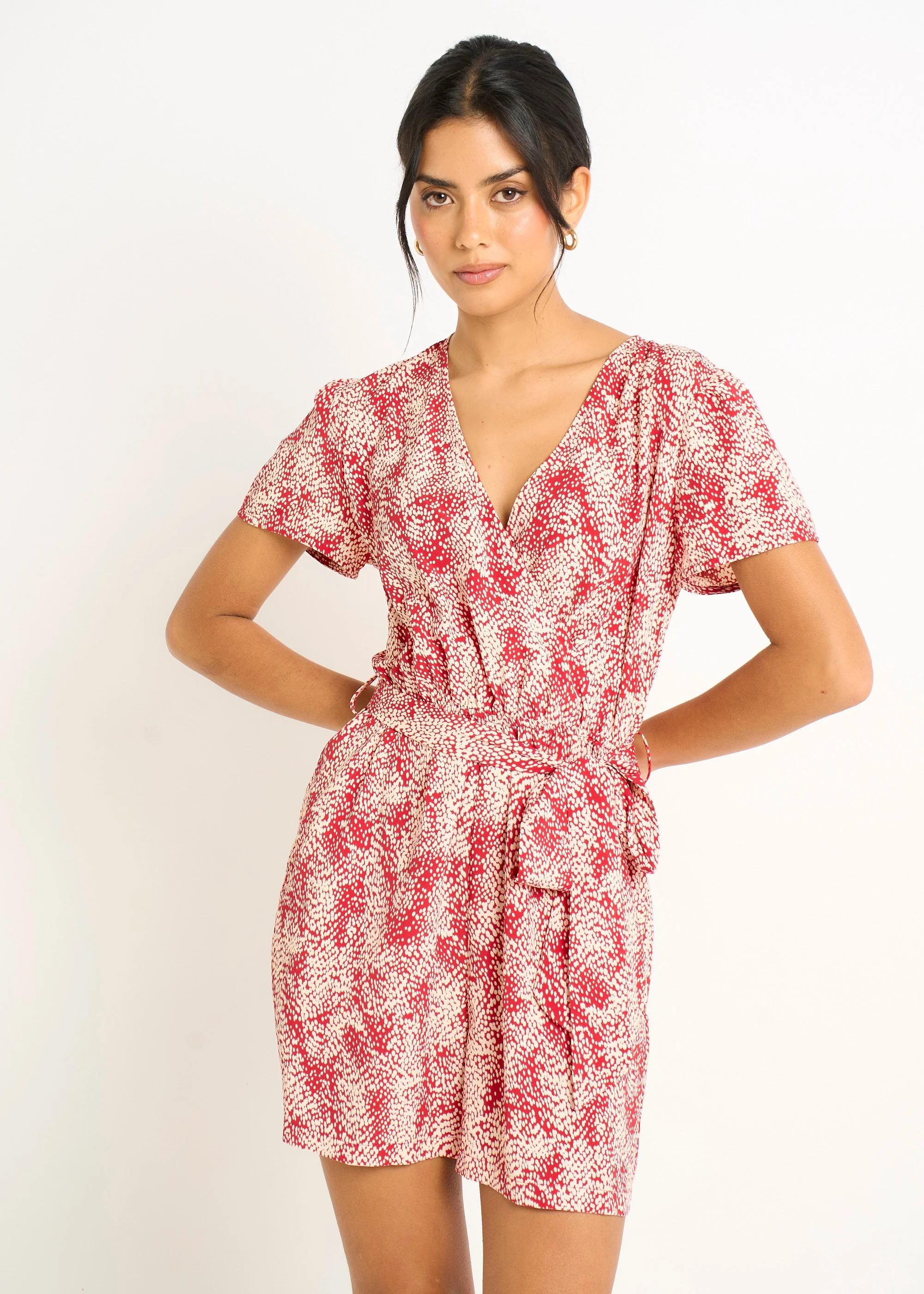 Gini London Red Abstract Animal Print Wrap Front Belted Playsuit