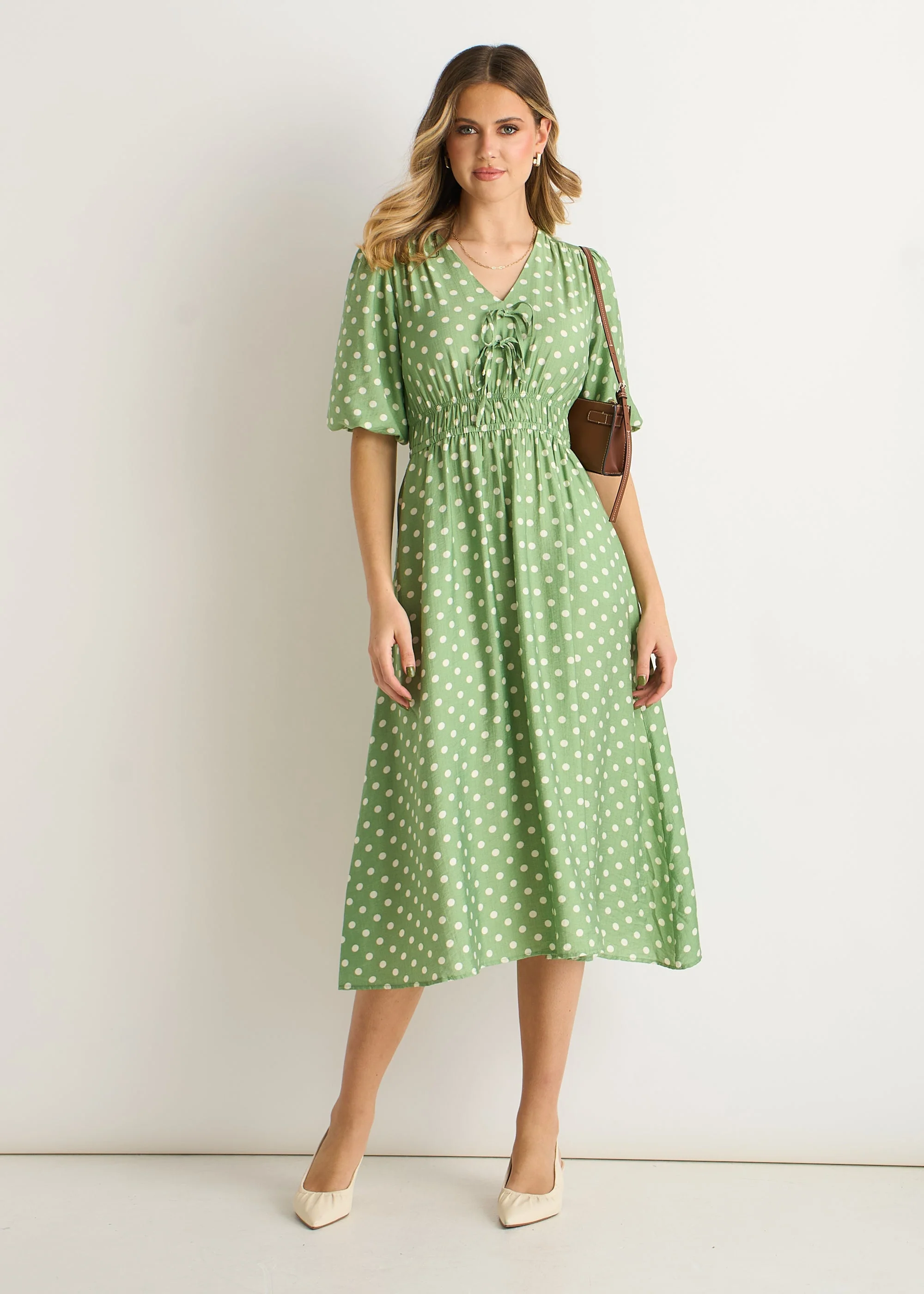 Gini London Sage Green Spot Print Shirred Waist Shift Midi Dress