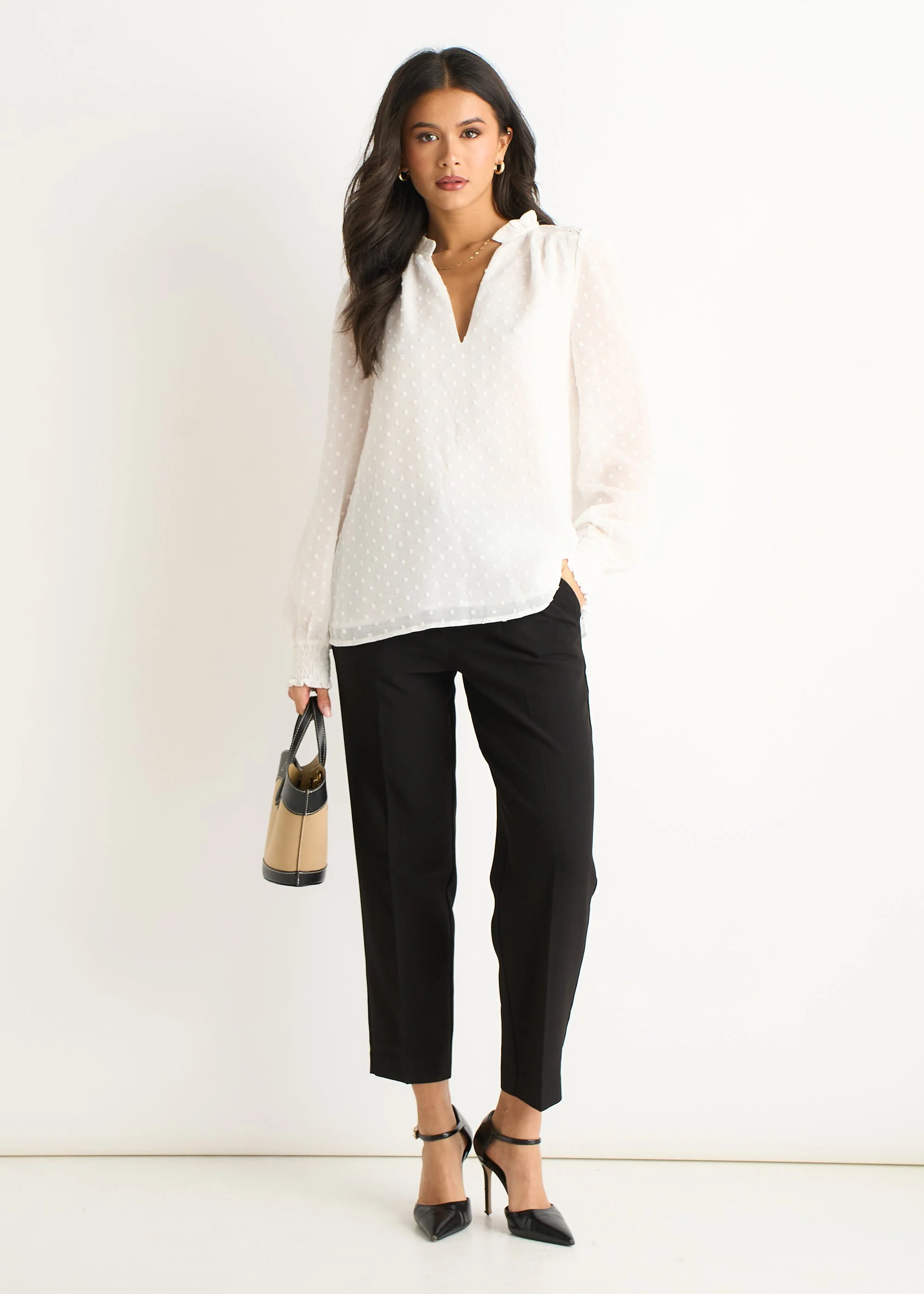 Gini London White Dobby Chiffon Frill Neck Blouse - Image 2