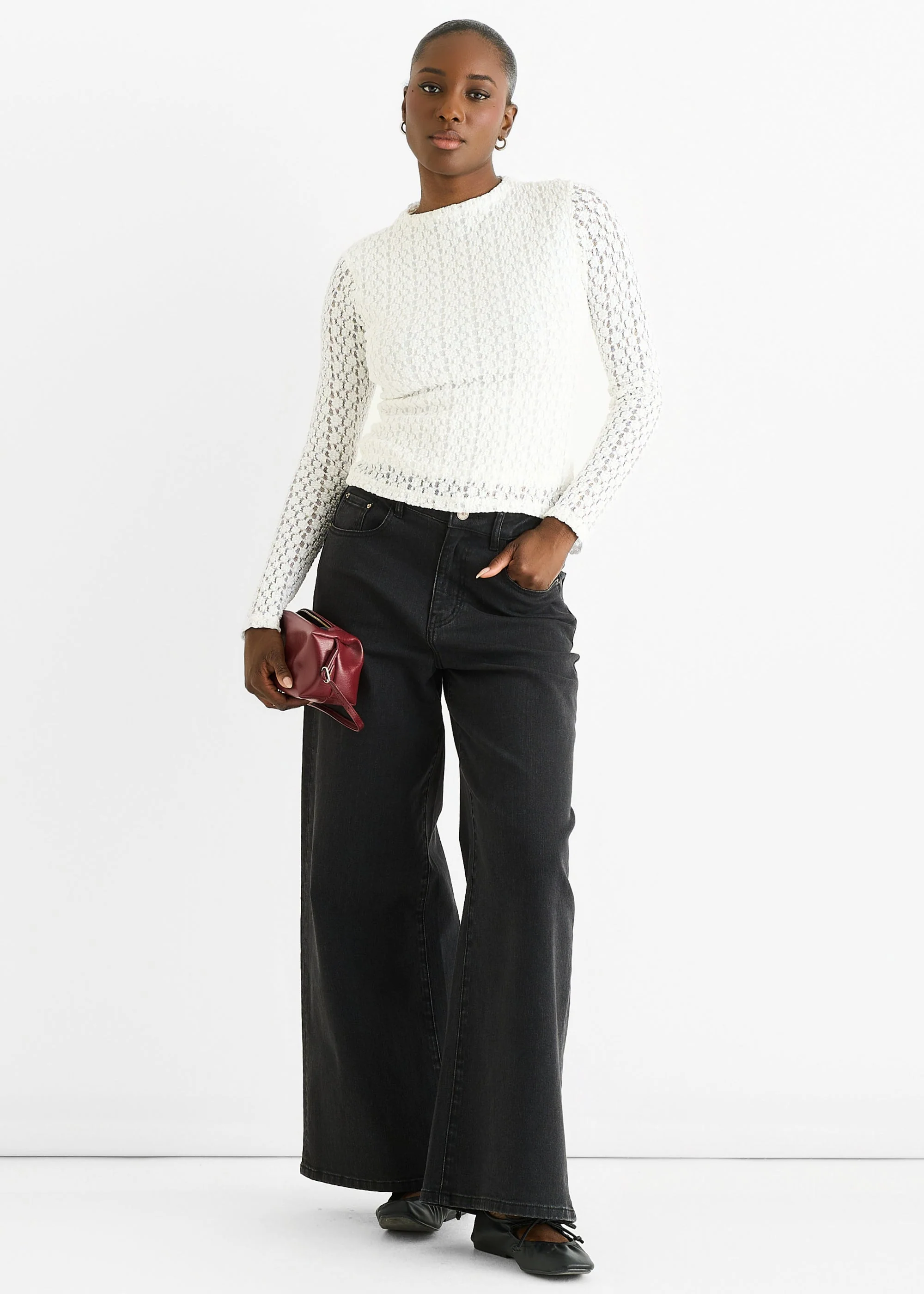 Gini London White High Neck Jersey Lace Long Sleeve Top - Image 2