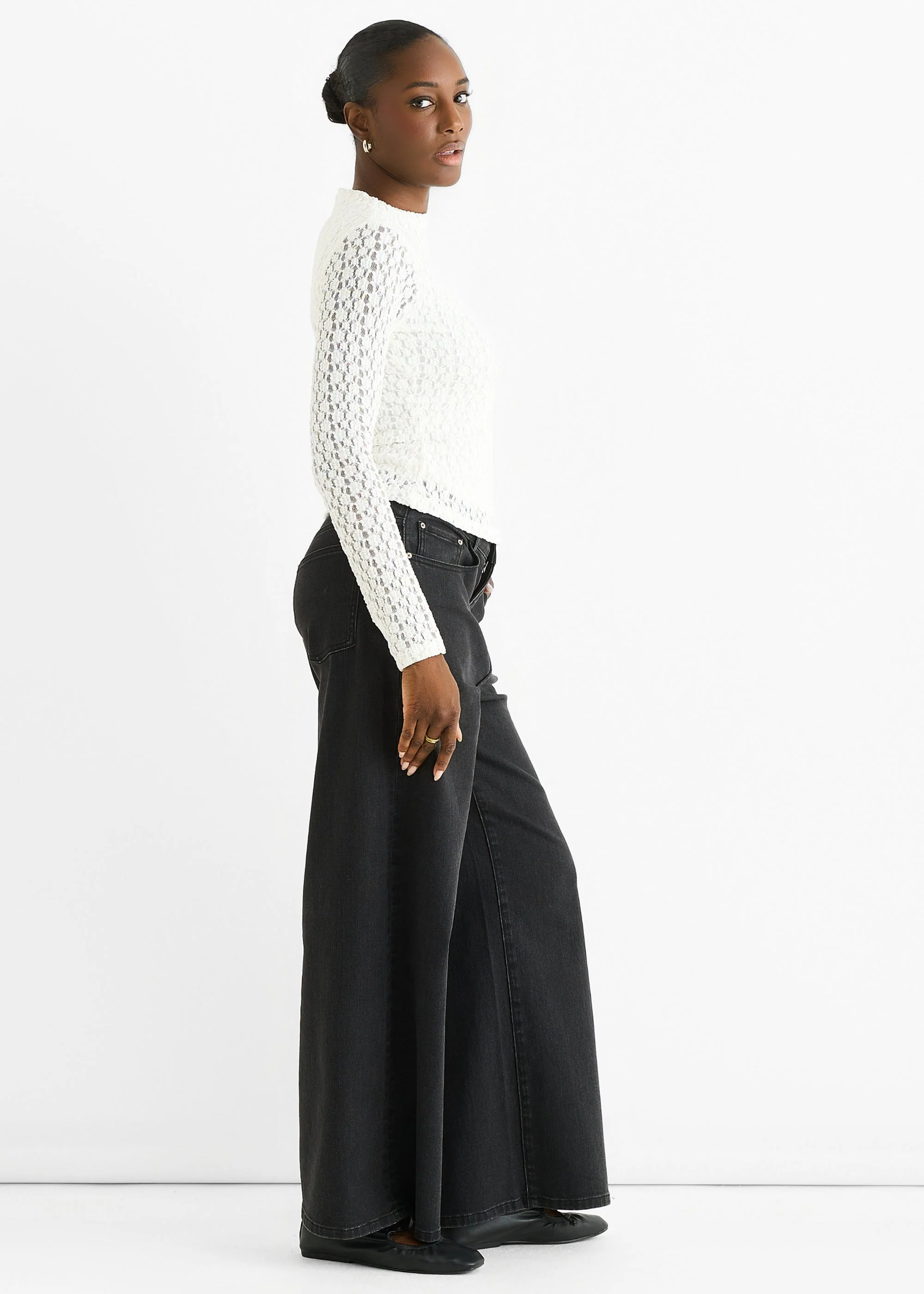 Gini London White High Neck Jersey Lace Long Sleeve Top - Image 3