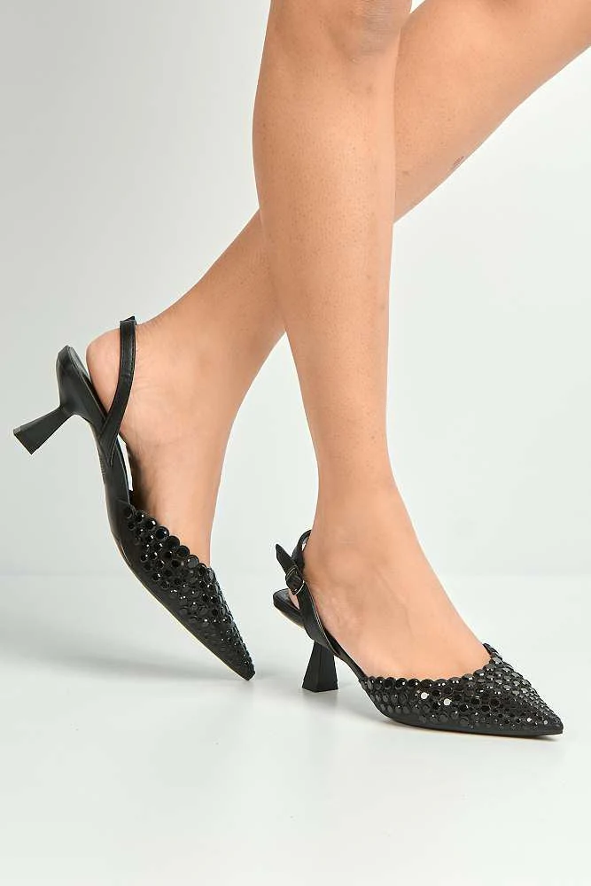 Giovanna Mirror Encrusted Slingback Court Shoes in Black - Image 2