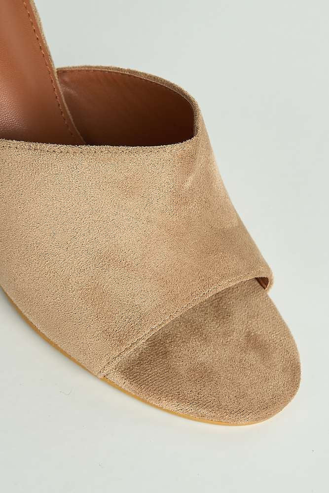 Giselle Peeptoe Plain Band Heeled Mules in Taupe Suede - Image 5