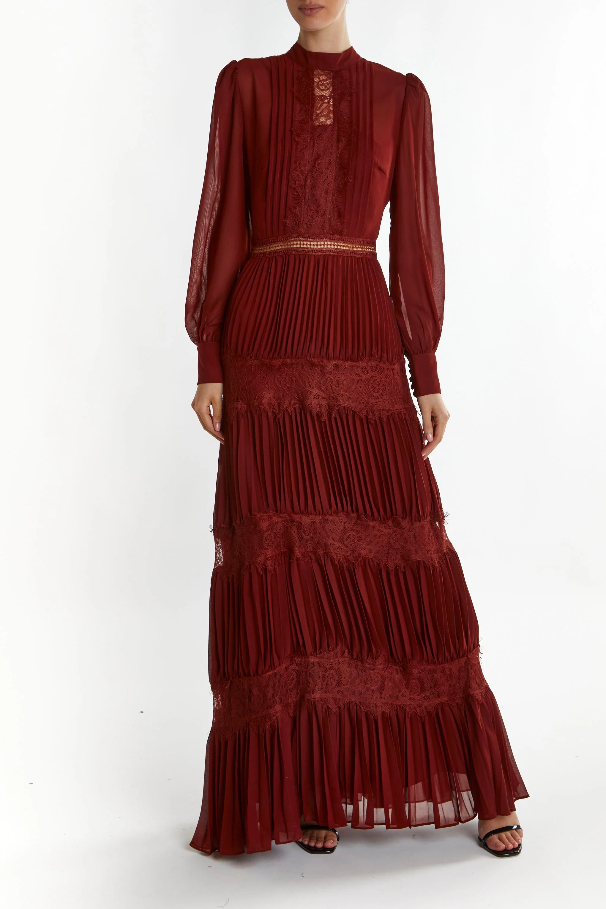 True Decadence Burgundy Holly High-Neck Pleated Maxi Dress - Image 3