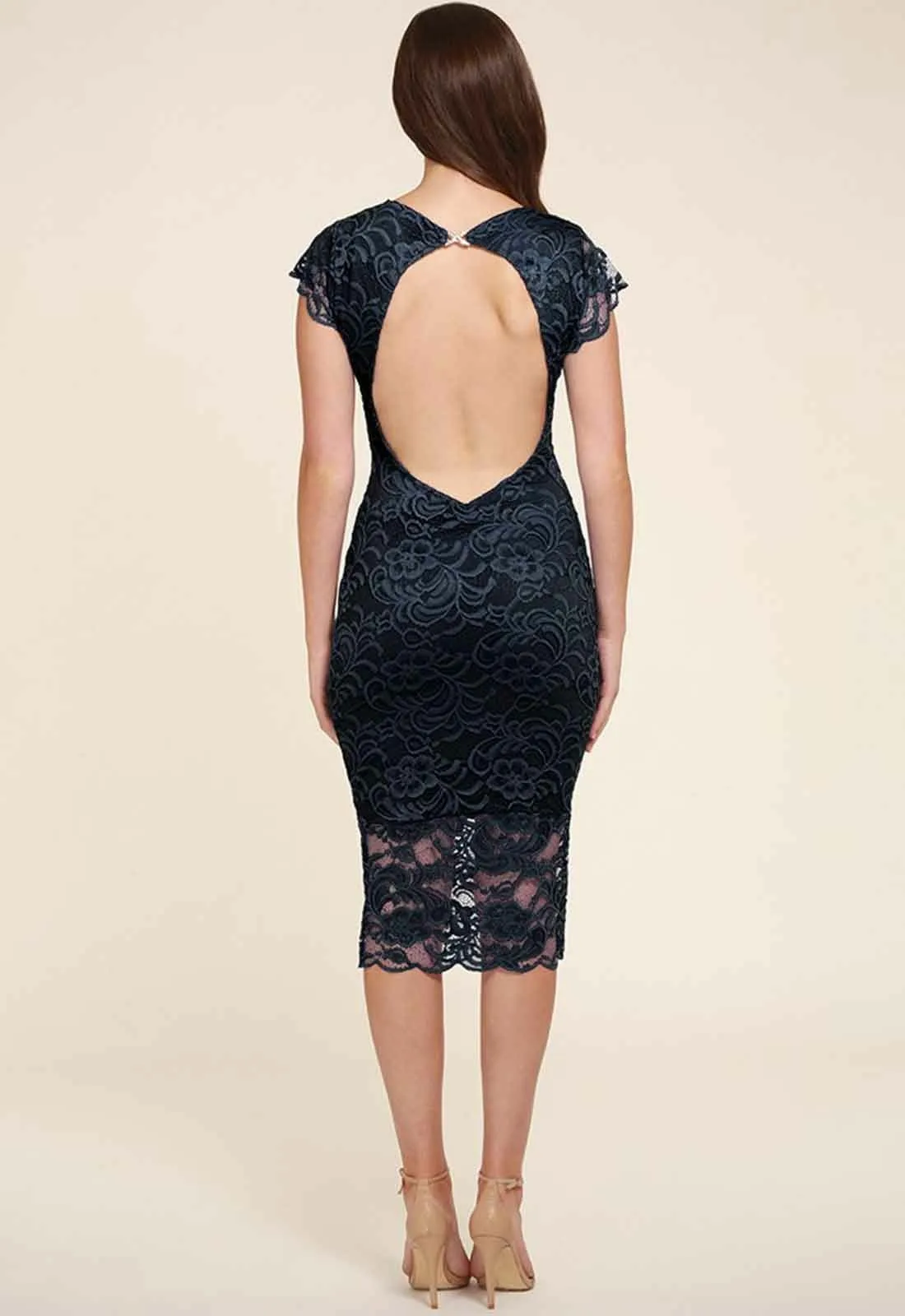 Honor Gold Faye Backless Lace Midi Dress in Navy - Image 3