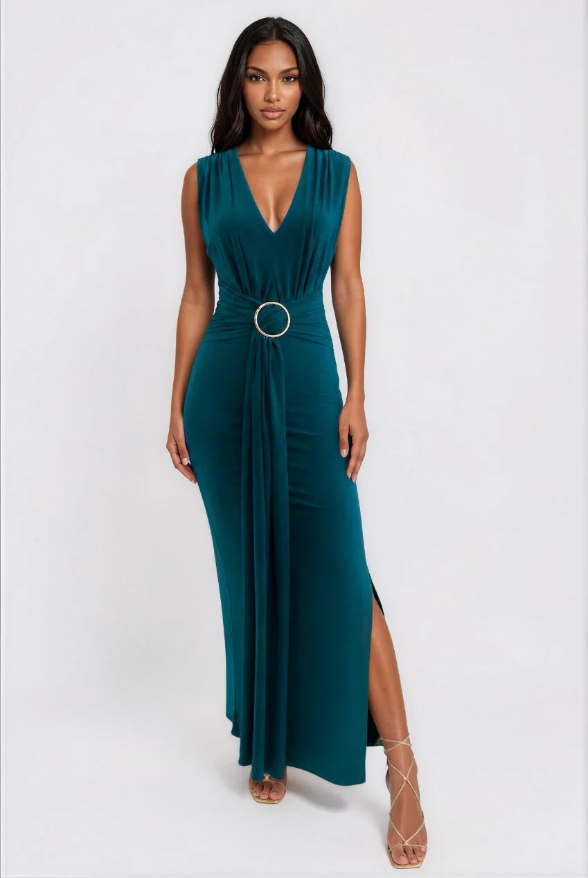 Honor Gold Green Amor Plunge Front Maxi Dress - Image 2