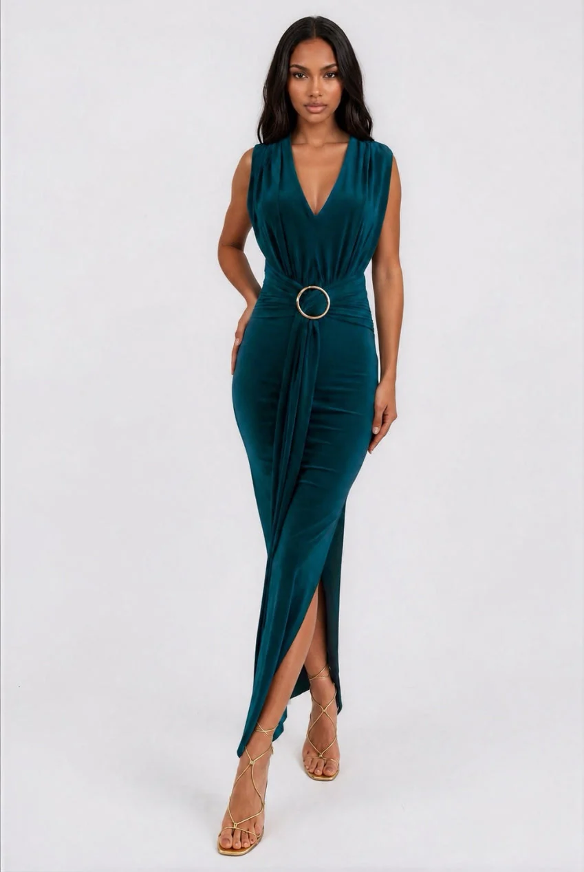 Honor Gold Green Amor Plunge Front Maxi Dress - Image 4