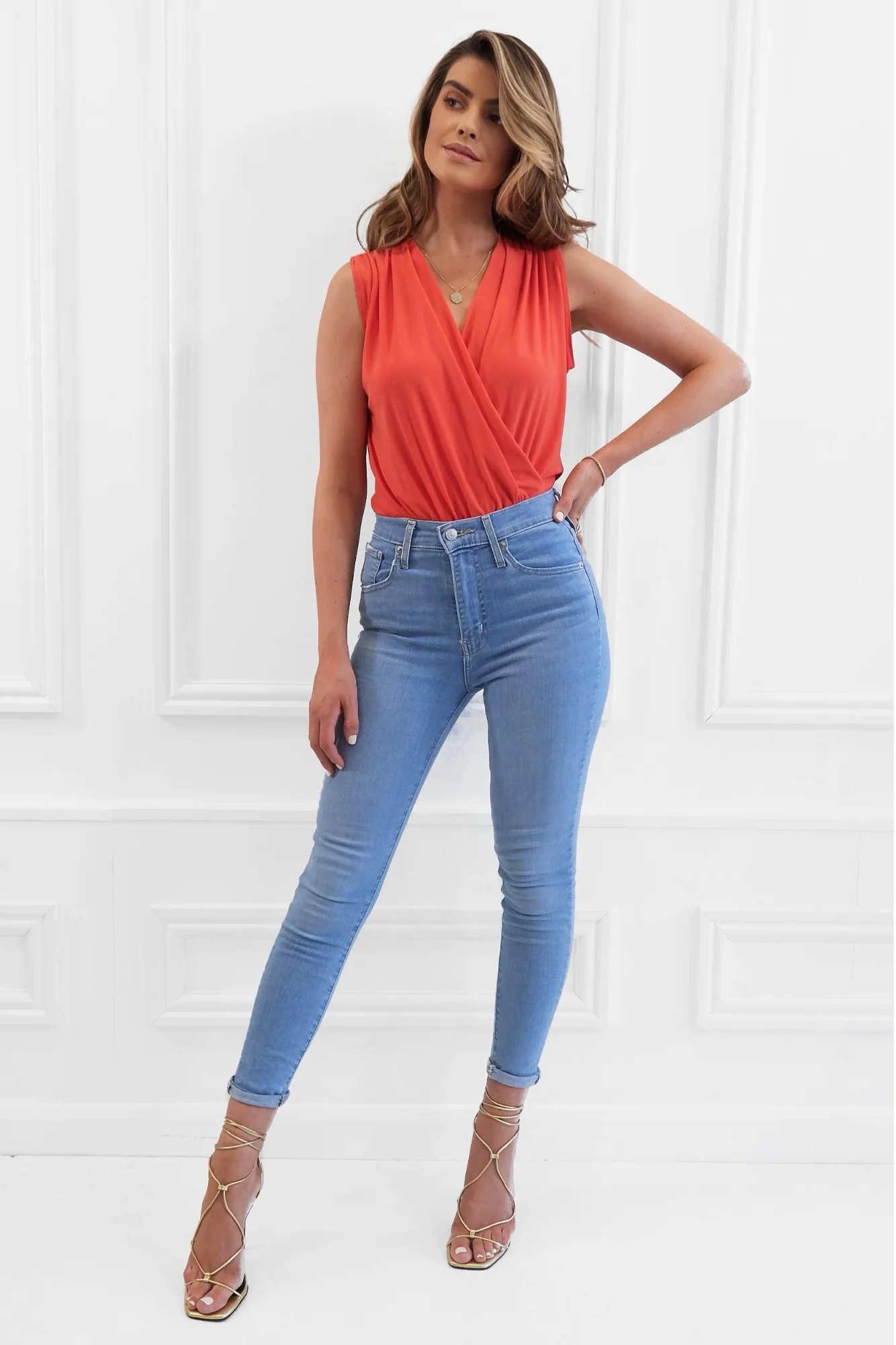 Honor Gold Jade Orange Sleeveless Wrap Style Bodysuit Top - Image 3