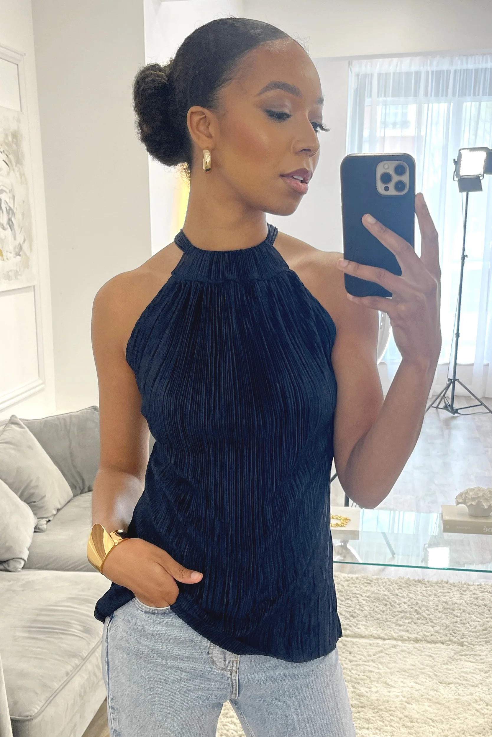 Honor Gold Millie Plisse Pleated Navy Halterneck Top - Image 5
