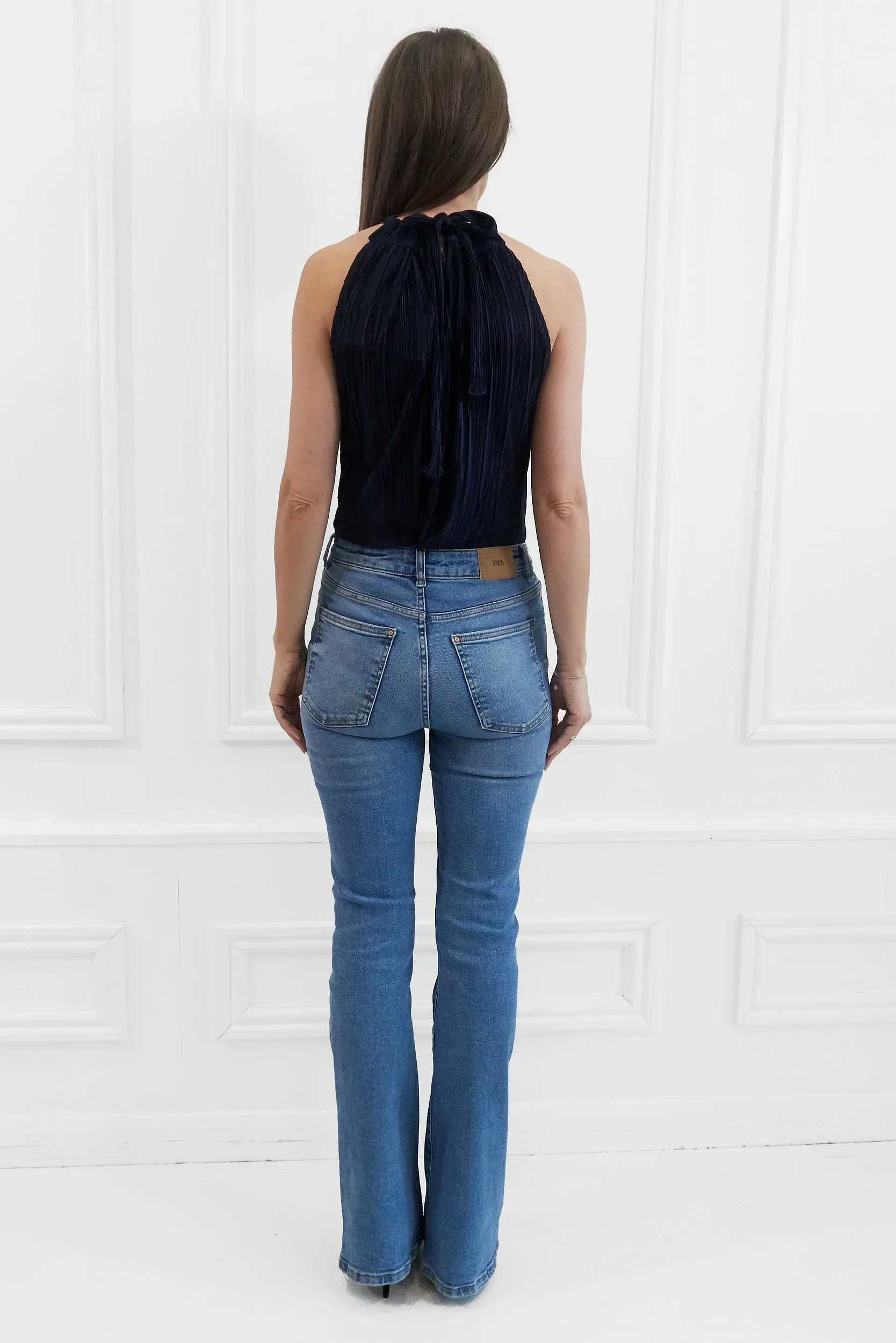 Honor Gold Millie Plisse Pleated Navy Halterneck Top - Image 6