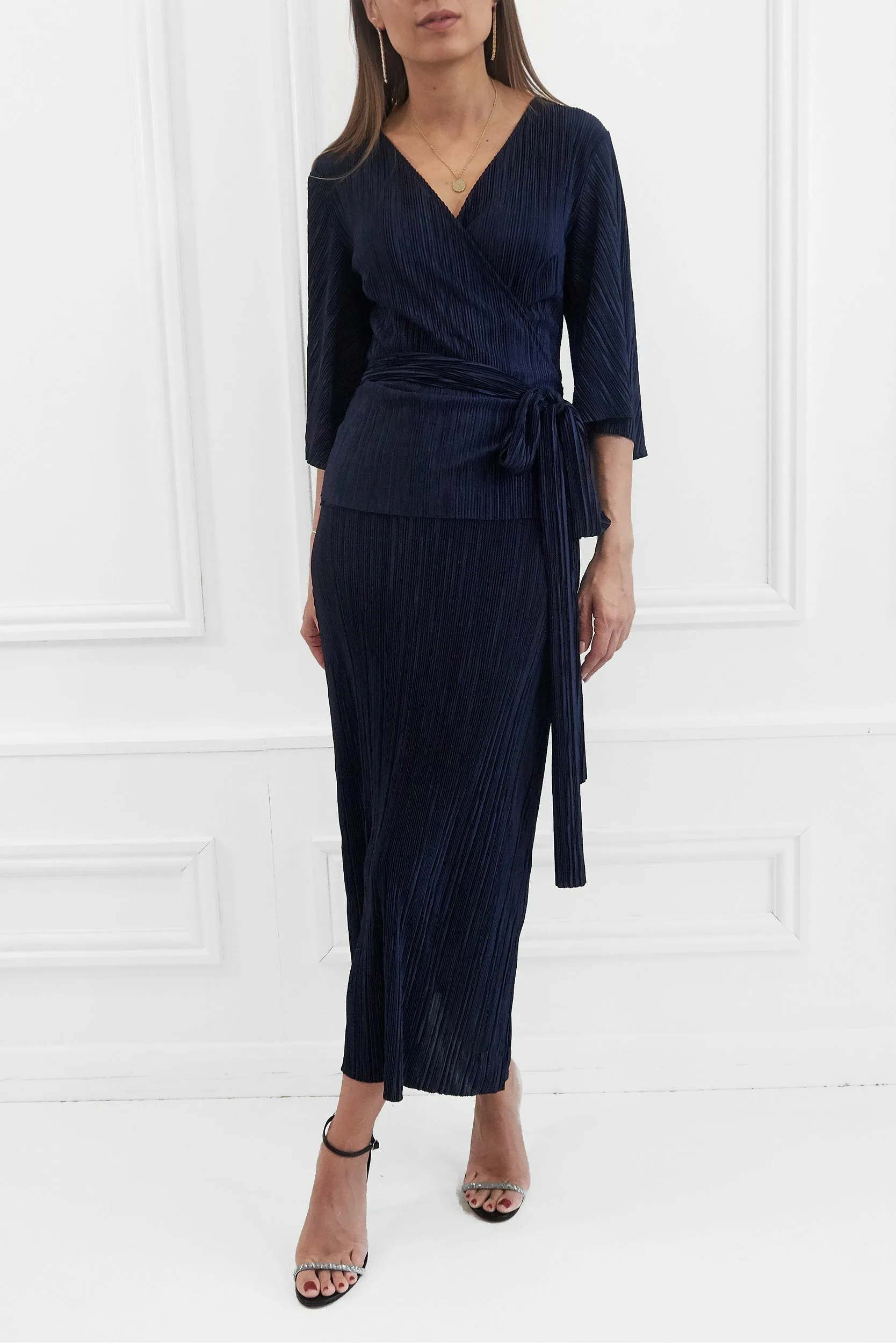 Honor Gold Tiana Plisse Pleated Navy Maxi Skirt - Image 3