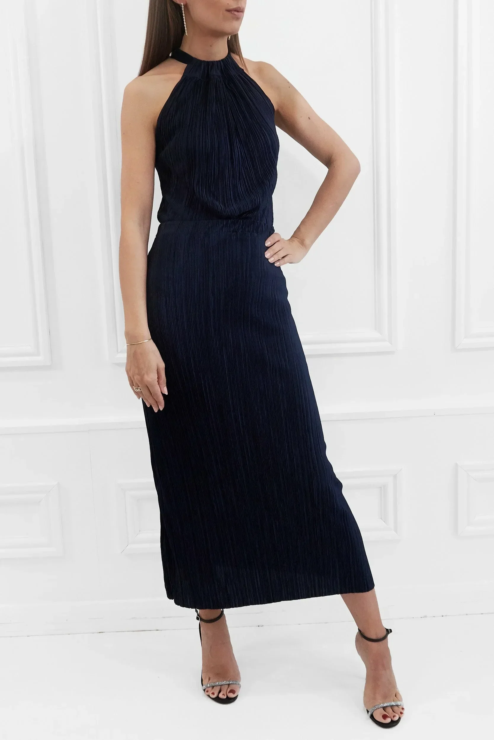 Honor Gold Tiana Plisse Pleated Navy Maxi Skirt - Image 8