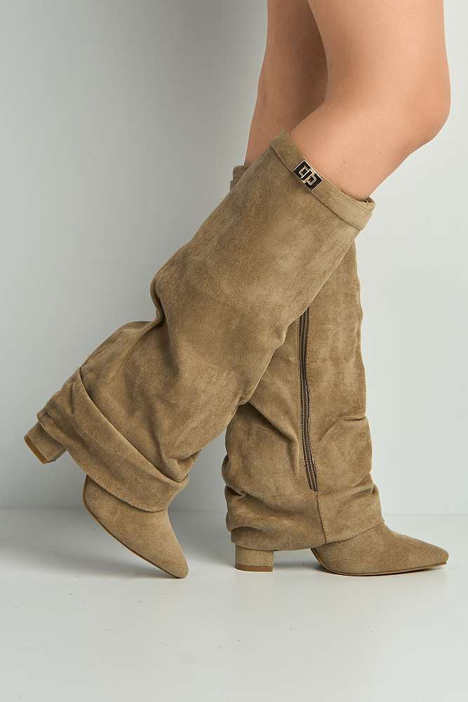Miss iva Taupe Izel Block Heel Pointy Toe Gold Boots - Image 3